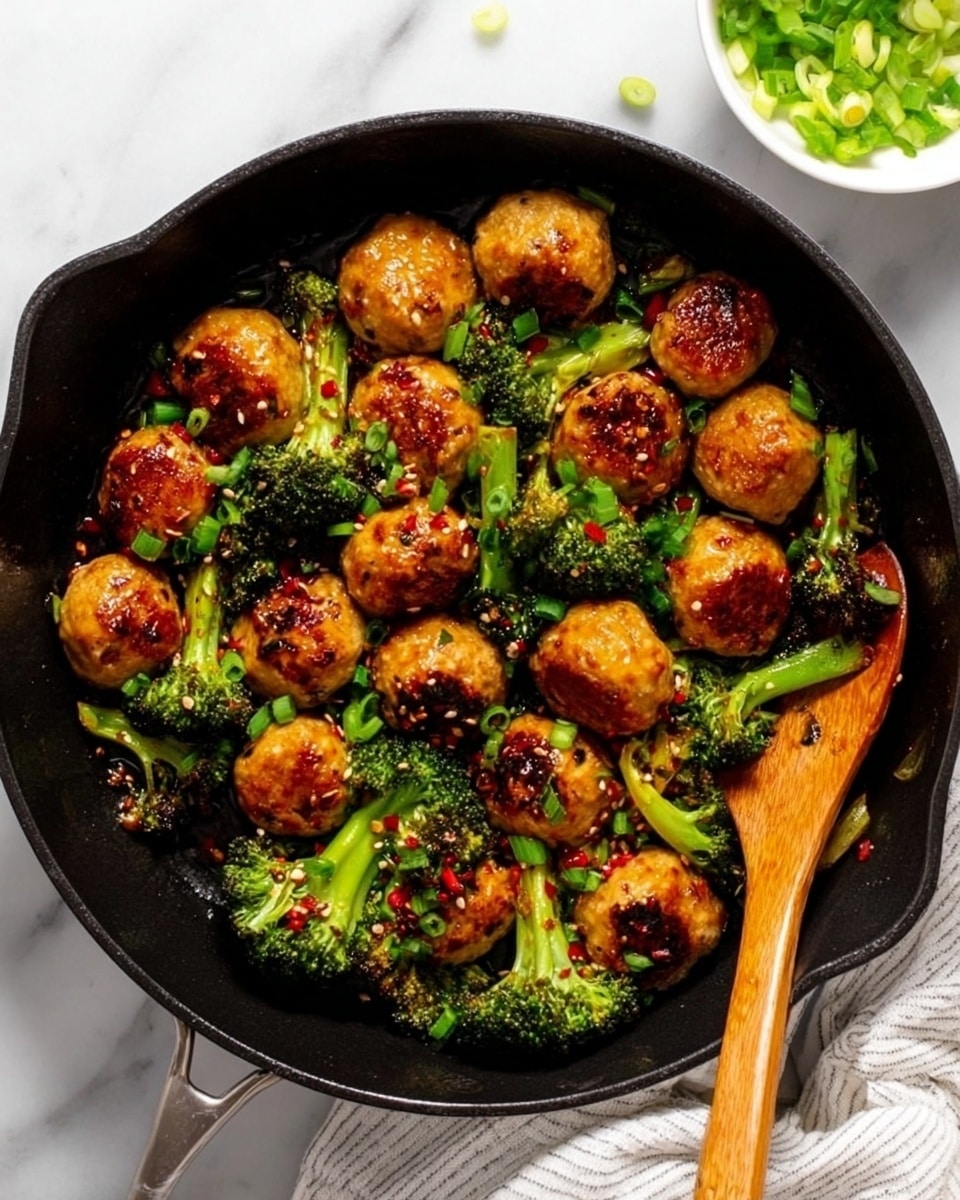 In a black skillet, there are about ten small, round browned meatballs mixed with bright green broccoli florets. The meatballs have a shiny, slightly sticky glaze with red chili flakes sprinkled on top. The broccoli pieces are cooked but still bright and fresh looking. A wooden spoon with a long handle rests inside the pan on the right side. The skillet sits on a white marbled surface with a white and gray striped cloth partially visible at the bottom. On the top right, a small white bowl with sliced green onions is partially seen. photo taken with an iphone --ar 4:5 --v 7