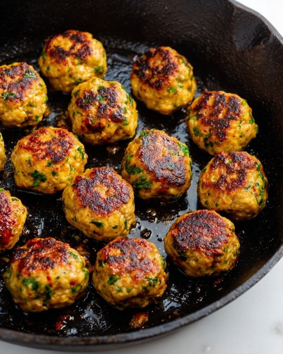 This image shows a close-up of about twelve golden brown meatballs with green herbs mixed in, cooked in a black cast iron skillet. The meatballs have a crispy surface with darker brown spots from frying, and their shapes are round but slightly uneven. The skillet has a rough texture with some shine from oil and sits on a white marbled surface, creating a clean, bright background. photo taken with an iphone --ar 4:5 --v 7