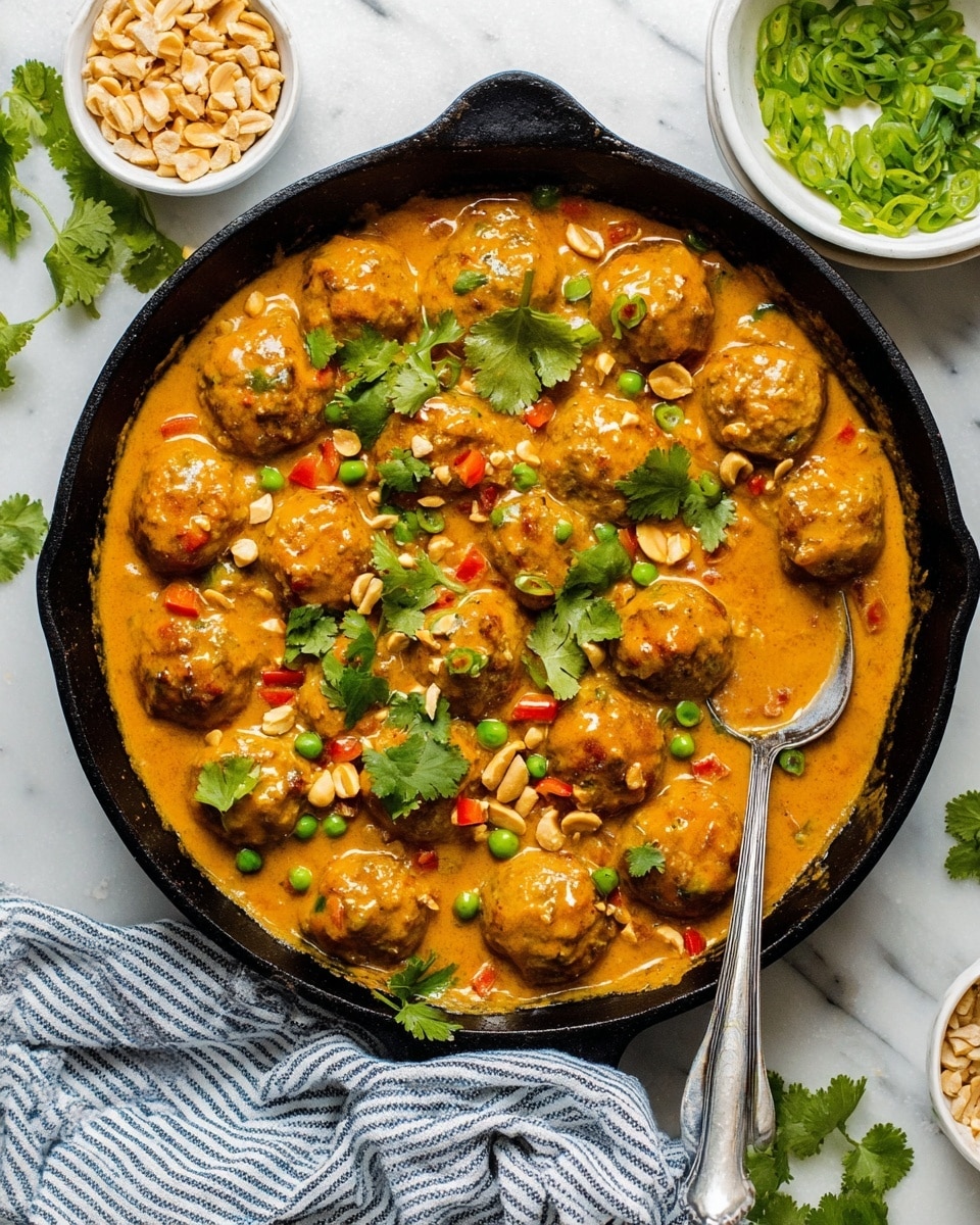 A black skillet filled with about two layers of round, golden-brown meatballs covered in a thick, orange peanut sauce mixed with small pieces of red bell pepper and green peas. The top layer of meatballs is sprinkled with bright green onion rings, chopped peanuts, and fresh green cilantro leaves scattered across. A silver spoon rests inside the skillet on the right side, partially covered with sauce. Around the skillet are small white bowls, one with more chopped green onions and another with crushed peanuts, on a white marbled surface with a striped blue and white cloth partially visible underneath the skillet. Photo taken with an iphone --ar 4:5 --v 7