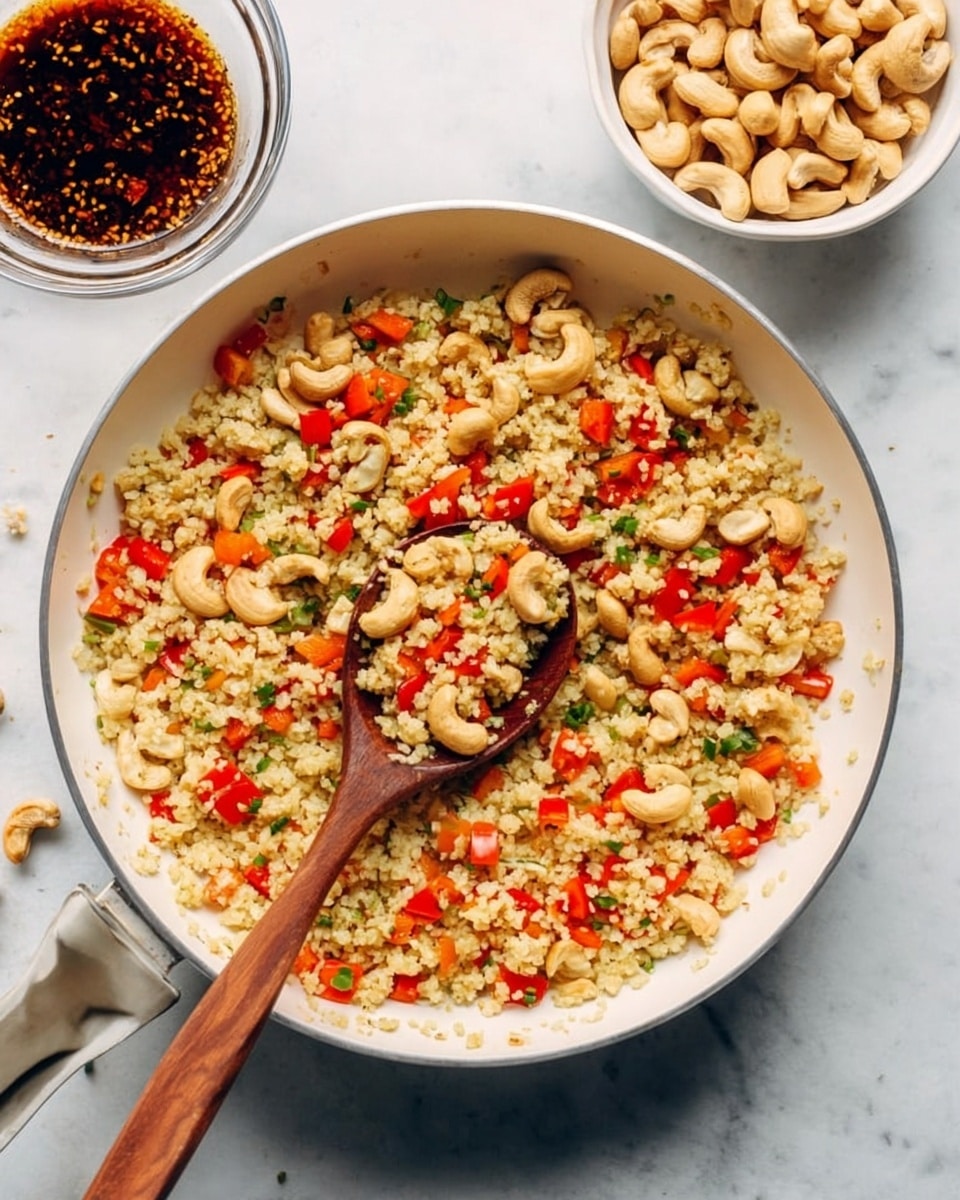 A white frying pan filled with a cooked dish made of small, light beige grains mixed with red bell pepper pieces and small green herbs. A wooden spoon rests inside the pan, slightly lifting some of the grains and vegetables. To the upper left, there is a clear glass bowl with dark brown sauce containing finely chopped ingredients, and above the pan, a small white bowl filled with cashew nuts. The scene is set on a white marbled surface. Photo taken with an iphone --ar 4:5 --v 7