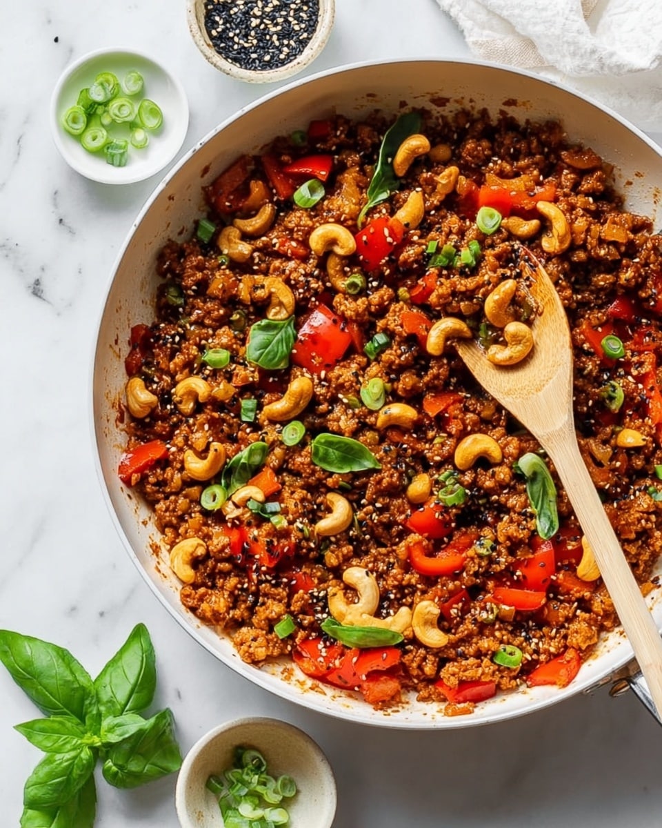 A white pan filled with a colorful stir fry showing many layers and textures. The base layer is cooked ground meat mixed with a sticky reddish-brown sauce. On top, bright red pieces of bell pepper and small green leaves add fresh color. Scattered over the dish are golden-brown cashew nuts and sliced green onions, giving texture and a lively look. White and black sesame seeds are sprinkled on top, adding contrast and detail. A wooden spoon rests inside the pan, partially covered with the stir fry. The scene is set on a white marbled surface with a small white bowl of black and white sesame seeds and another white bowl with chopped green onions near the pan. Bright green basil leaves lie at the bottom left corner nearby. Photo taken with an iphone --ar 4:5 --v 7