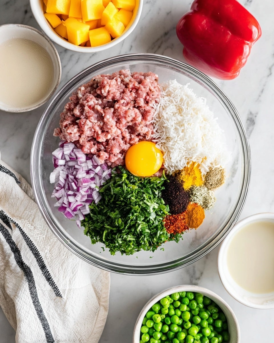 A clear glass bowl sits on a white marbled surface, filled with many ingredients arranged in separate sections: raw ground meat in pale pink, white rice flakes, a bright yellow egg yolk, finely chopped purple onions, minced white garlic, and a large pile of dark green chopped herbs. There are also small piles of ground black pepper, turmeric, and red spice in the center. Surrounding the bowl are four white bowls holding bright yellow diced mango, dark green frozen peas, and two creamy white liquids, plus a whole shiny red bell pepper nearby. A woman's hand towel with thin black stripes is partially seen on the left side. photo taken with an iphone --ar 4:5 --v 7