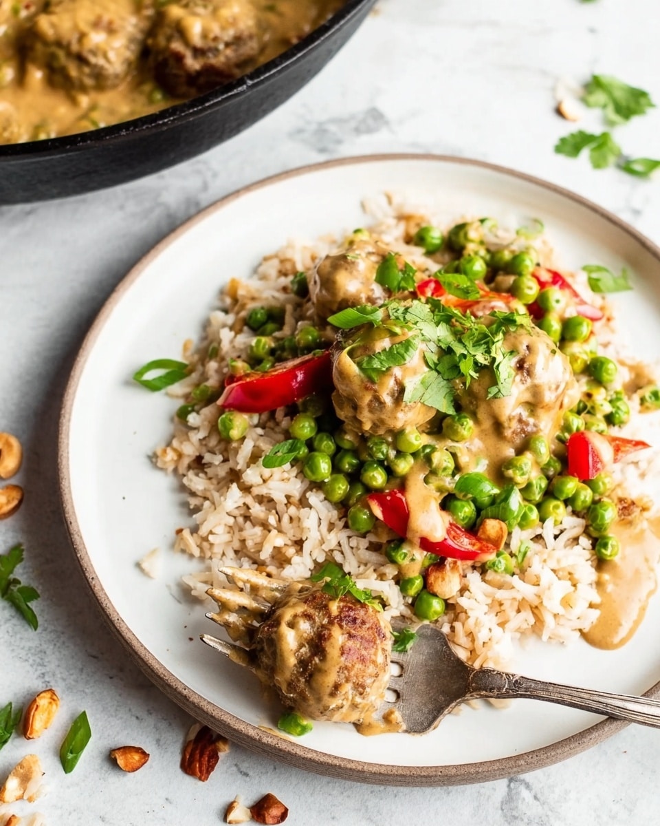 The dish features one main layer of light brown cooked rice spread evenly on a white plate. On top of the rice, there is a thick layer of green peas mixed with slices of bright red bell pepper, light tan creamy sauce, and chunks of brown meatballs topped with chopped green onions and fresh green cilantro leaves. A silver fork holds a piece of meatball showing its cooked inside texture, placed on the bottom left of the plate. The background is a white marbled surface with some scattered nuts and green onion pieces. A black skillet with similar food is partially visible in the top left corner. Photo taken with an iphone --ar 4:5 --v 7