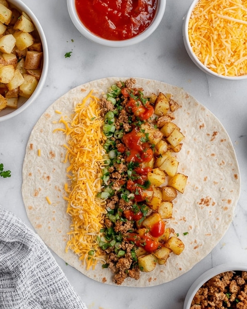 A white tortilla wrap lies flat on a white marbled surface, filled with three distinct layers arranged from left to right: shredded yellow cheddar cheese on the left, a middle layer of cooked ground meat mixed with chopped green herbs and small pieces of green pepper, topped with a red sauce, and on the right, golden cooked potato cubes also garnished with chopped green herbs and drizzled with the same red sauce. Around the tortilla, there are additional bowls containing golden cooked potato cubes, a mix of shredded yellow and white cheese, and red sauce, all placed on the white marbled surface. A partially visible folded cloth with a fine checkered pattern is on the bottom left. photo taken with an iphone --ar 4:5 --v 7