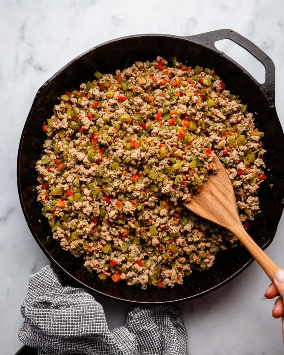 A large black cast iron pan filled with cooked ground meat mixed with finely chopped green, red, and light brown vegetables, creating a textured, colorful mix. A wooden spoon with a smooth tan handle is resting inside the pan, slightly lifting the mixture. The pan is placed on a white marbled surface, and a woman's hand holding the handle wrapped in a gray and white checkered cloth is visible at the bottom of the image. The overall scene has a homey and fresh look with natural lighting. photo taken with an iphone --ar 4:5 --v 7