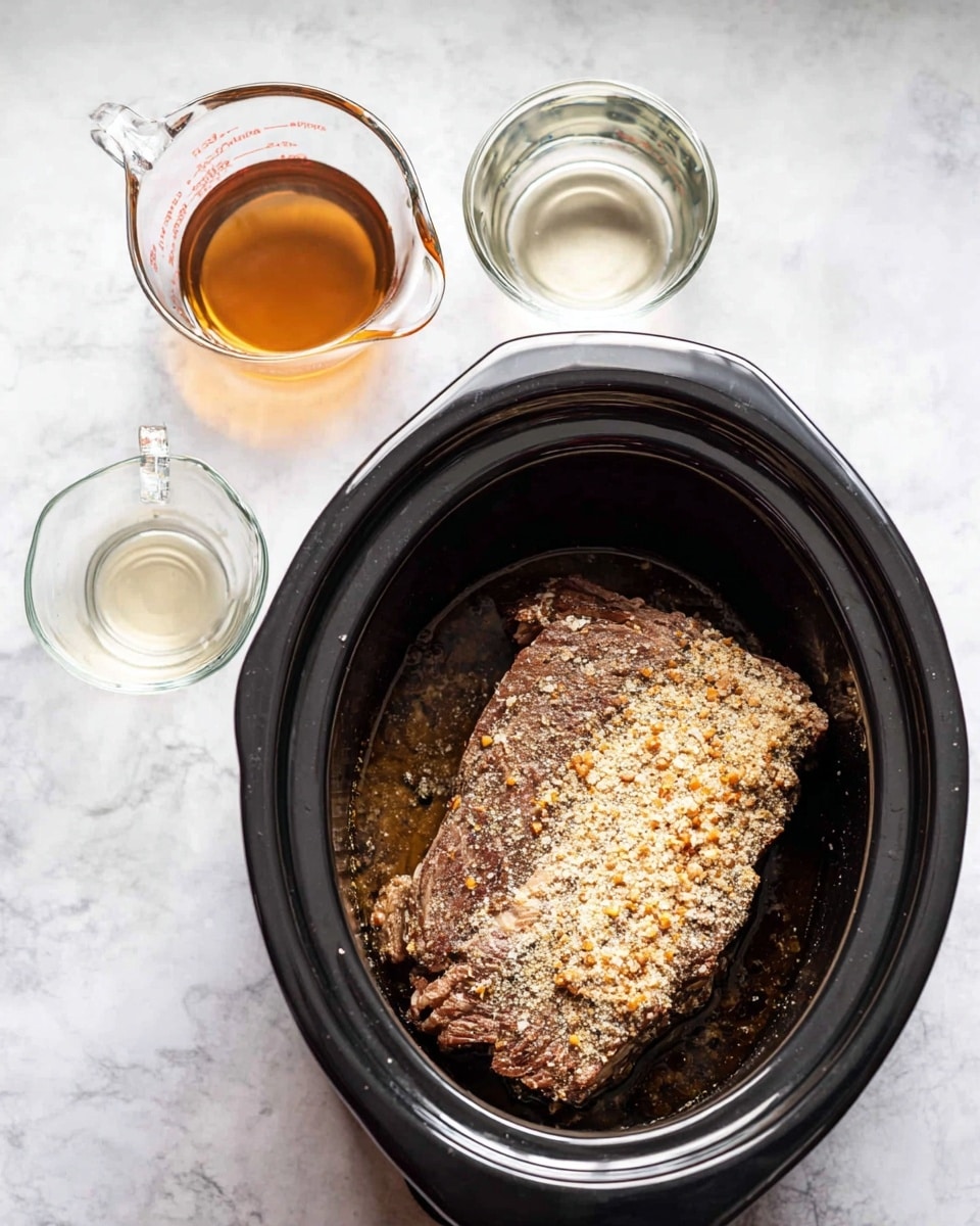 A black slow cooker is centered on a white marbled surface, containing one large, browned piece of meat partially covered with a dry seasoning mix that is light beige with small orange and brown bits, layered on the right side of the meat. Above the slow cooker, there are two small clear glass measuring cups; one holds a light brown liquid and the other holds a clear liquid. The image shows a clean and simple cooking setup. photo taken with an iphone --ar 4:5 --v 7