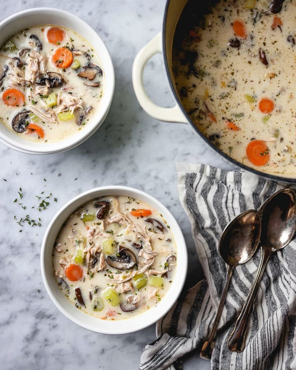 This image shows a creamy white soup served in two white bowls with visible layers of thin orange carrot slices, light green celery pieces, dark brown mushroom slices, and shredded light brown meat mixed throughout. The soup looks thick with some herbs sprinkled on top, giving small green specks across the surface. The bowls are placed on a white marbled texture with a large pot of the same soup nearby, partially visible at the top right. Two silver spoons rest on a striped cloth next to one bowl, and two more silver spoons sit near the pot on the right side. The overall presentation is cozy and inviting. photo taken with an iphone --ar 4:5 --v 7