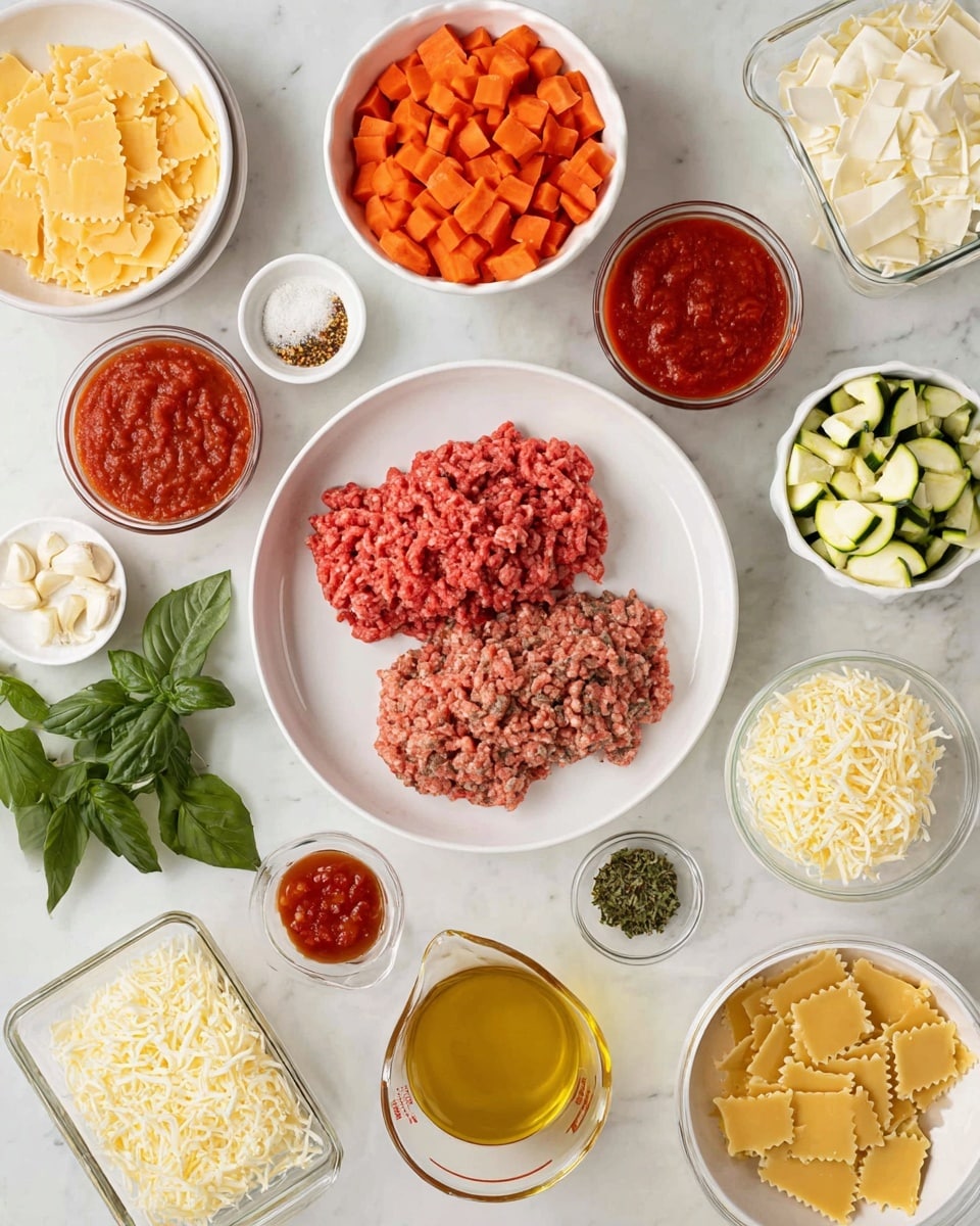 The image shows many ingredients neatly arranged on a white marbled surface for cooking. In the center, a white round plate holds two types of raw ground meat, one lighter and one darker red, side by side. Surrounding it are small white bowls and clear glass containers with various ingredients: bright orange diced carrots in a bowl above the meat, a bowl of red tomato sauce, a bowl with reddish tomato paste, finely chopped white onions, shredded mozzarella cheese in a rectangular glass dish, diced zucchini in a square glass container, and broken lasagna sheets scattered next to the cheese. There are also small bowls of herbs and spices, fresh green basil leaves, minced garlic, and a measuring cup filled with golden broth. Everything is cleanly arranged and ready for cooking, photo taken with an iphone --ar 4:5 --v 7
