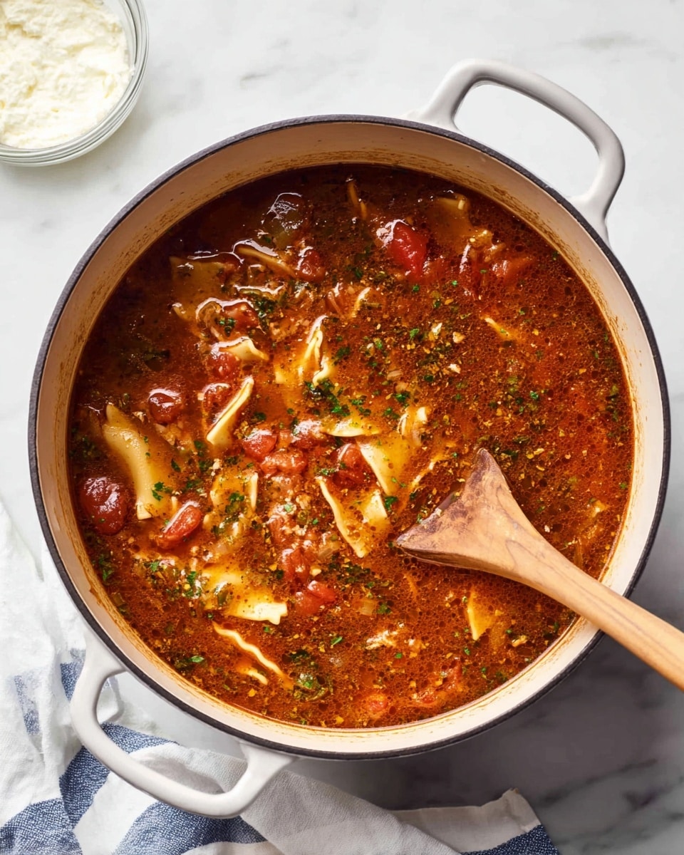 A grey pot with white inside filled with a thick, rich soup that has a deep reddish-brown broth with visible herbs and spices floating on top. In the soup, there are chunky pieces of red tomatoes, green herbs, and wide, light yellow pasta strips layered throughout. A wooden spoon with a rounded handle is partially placed inside the soup on the right side of the pot. The pot is set on a white marbled surface with a white cloth that has blue stripes on the bottom right and a small glass bowl filled with a creamy white substance near the top left. photo taken with an iphone --ar 4:5 --v 7