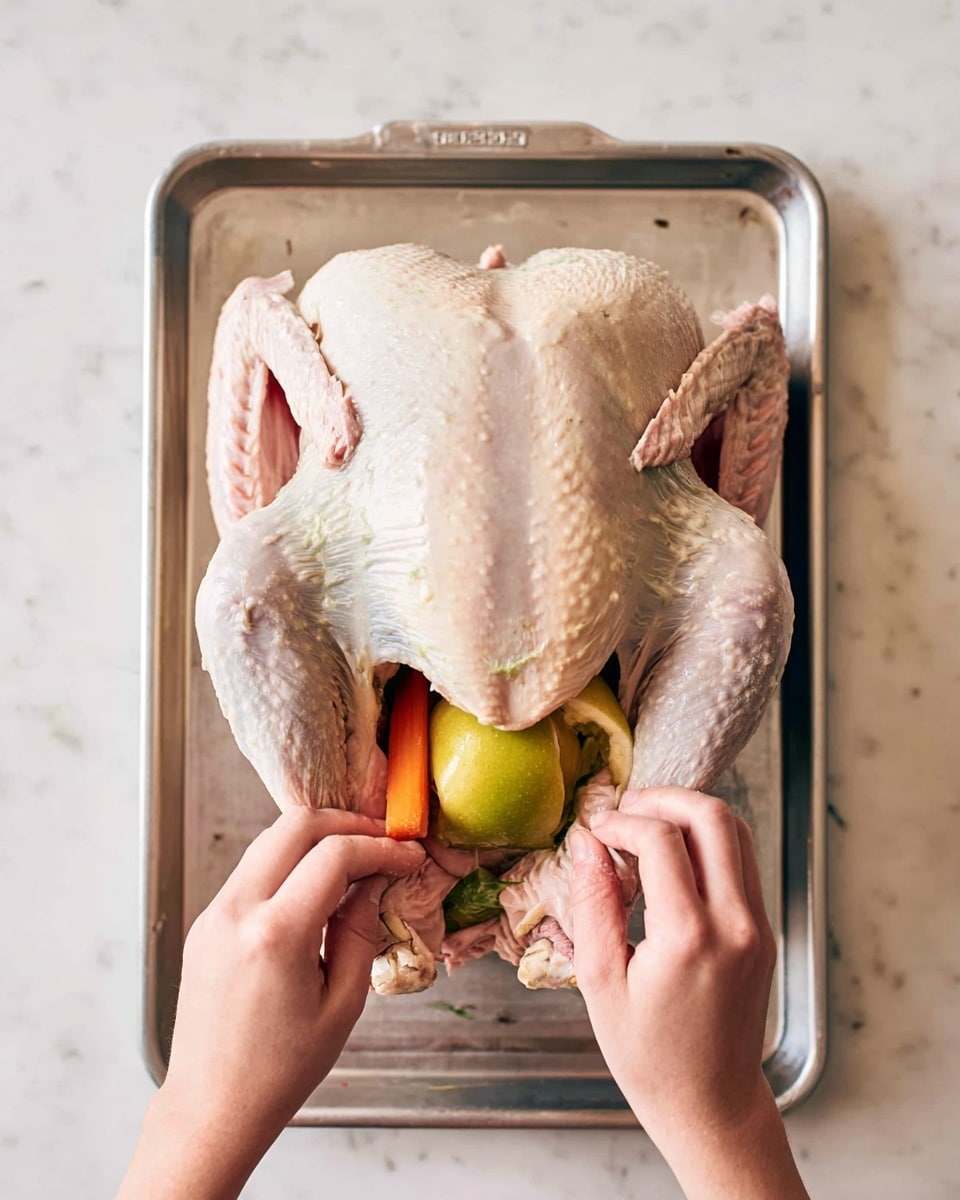 A raw whole turkey is placed in the center of a silver metal baking tray on a white marbled surface. The turkey skin is pale with a light texture, and both wings and legs lay flat on the tray. Inside the open cavity of the turkey, two large pieces of vegetables are visible: an orange carrot on the left and a greenish-yellow apple slice on the right. Two woman's hands are seen gently tucking the vegetables into the turkey’s cavity, adding a sense of careful preparation. The photo is bright with soft natural light. Photo taken with an iphone --ar 4:5 --v 7