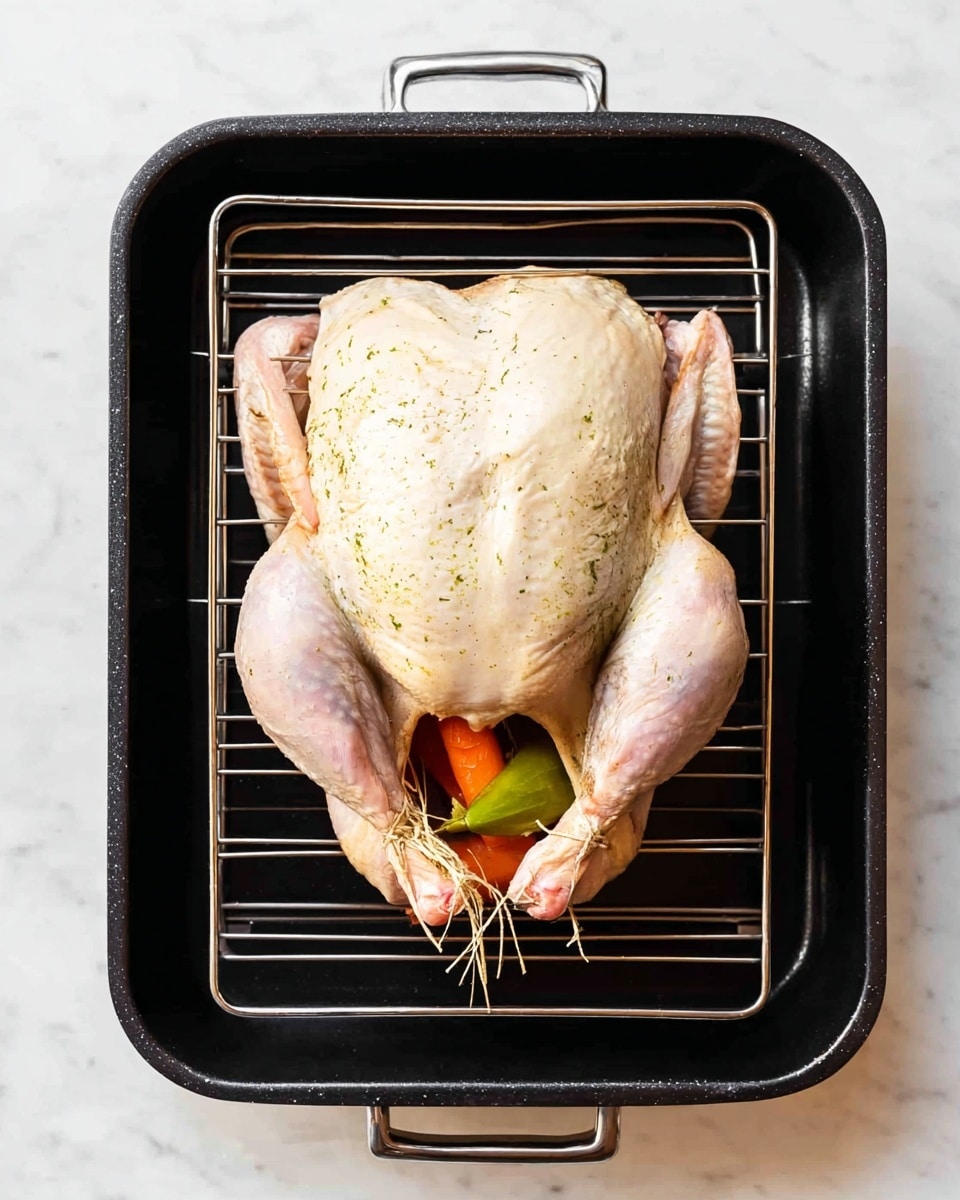A whole raw chicken lies on a black roasting pan with a metal rack inside. The chicken's skin is pale and slightly shiny, showing some green herb seasoning under the surface. The legs are tied together with string at the tip. Inside the chicken's cavity, visible through the opening, are a couple of colorful vegetables, including a red carrot and a green vegetable. The pan is placed on a flat surface with a white marbled texture. photo taken with an iphone --ar 4:5 --v 7