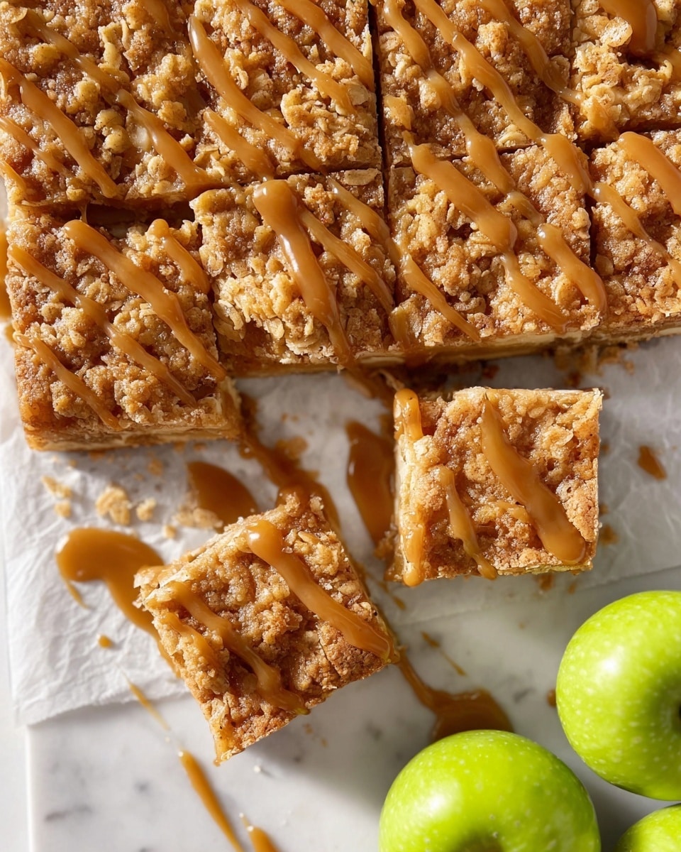 The image shows a close-up of a baked dessert cut into square pieces on white parchment paper over a white marbled surface. The dessert has a crumbly, golden-brown top layer with an irregular texture and bits of oat or crumble. It is drizzled with a smooth caramel-colored sauce in thin lines across the top. A few pieces are separated slightly from the main block, showing the layers inside with a soft lighter base beneath the crumbly top. Around the dessert, there are three green apples placed casually on the white marbled texture. The photo has a warm, inviting tone with natural light highlighting the textures of the dessert and sauce photo taken with an iphone --ar 4:5 --v 7