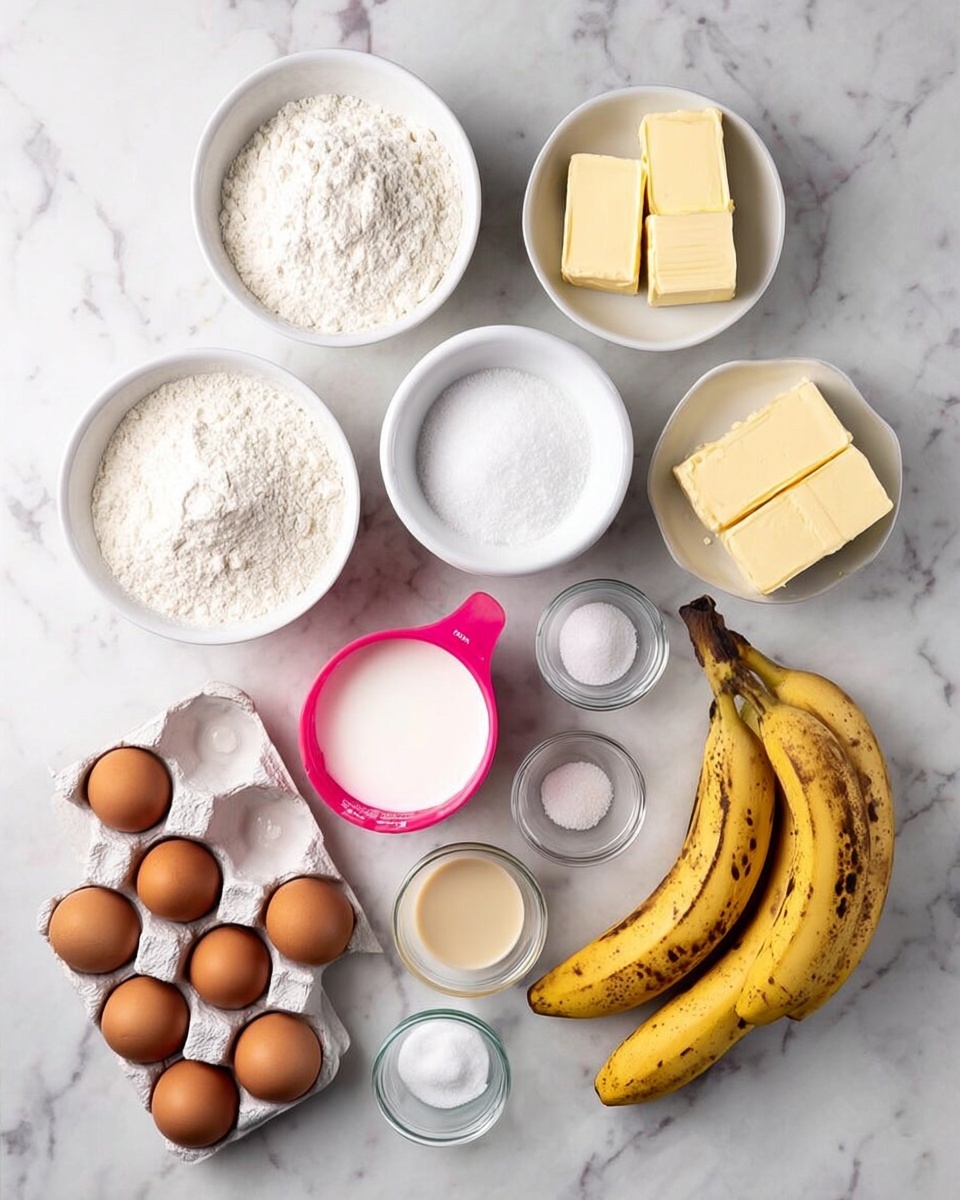 The image shows different baking ingredients neatly arranged on a white marbled surface. There are two white bowls filled with powdered sugar and flour at the top left, four sticks of butter placed in a grid near the center right, and a small white bowl of sugar at the bottom right. Next to the butter are two ripe bananas with brown spots. A bright pink measuring cup filled with a white creamy ingredient sits near the bananas. Three brown eggs rest in a white egg tray at the bottom left. Several small clear bowls contain salt, baking soda, and another white powder. A small glass jar of milk and a small glass bowl with a light brown liquid are also part of the setup. The colors are soft and natural, showing the ingredients clearly for baking. photo taken with an iphone --ar 4:5 --v 7