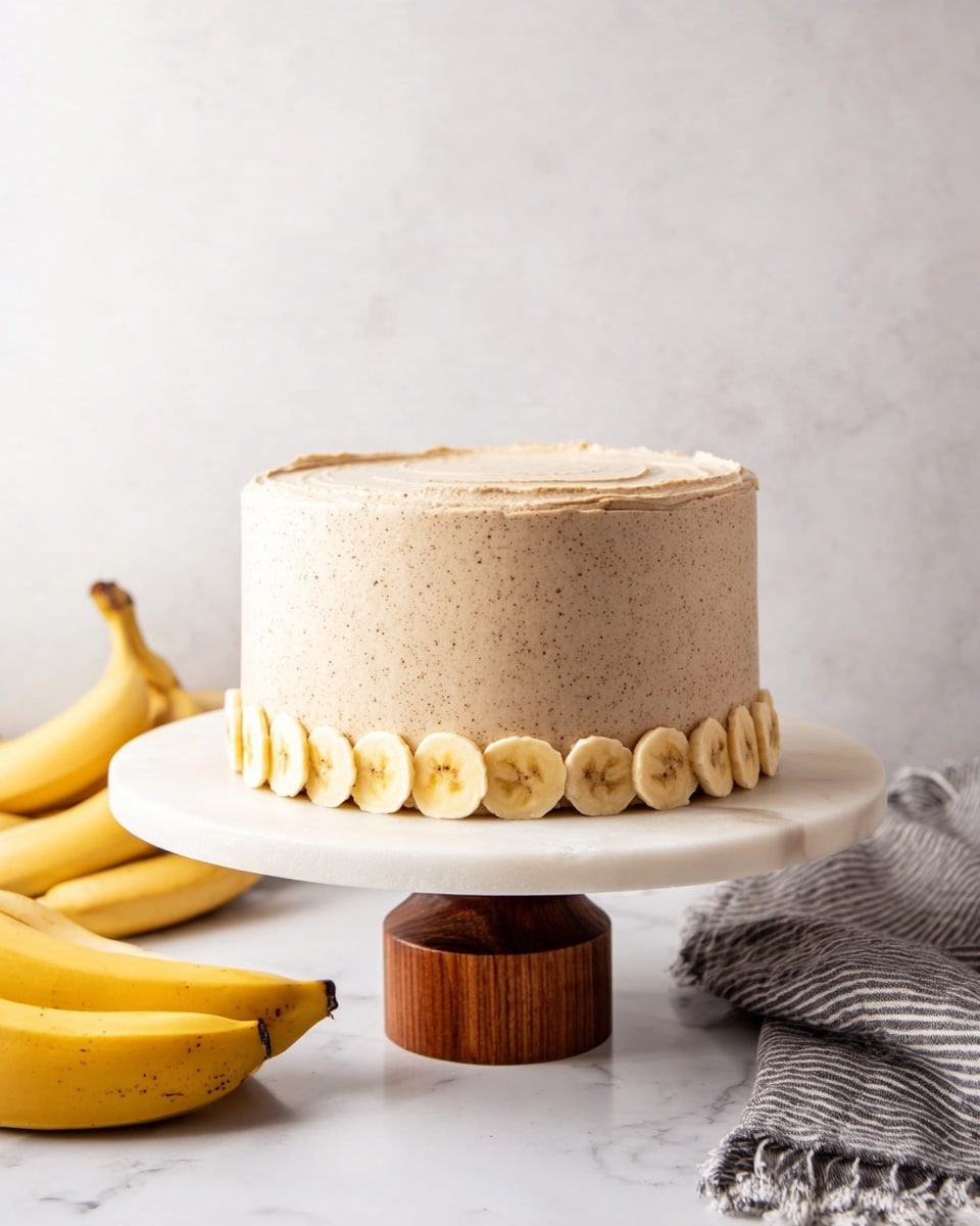 A tall, round cake with a smooth light brown frosting, speckled evenly, stands on a white marble cake stand with a wooden base. Around the bottom edge of the cake is a single row of banana slices, yellowish with brown spots, evenly placed. The cake is set on a white marbled surface with a bunch of three ripe yellow bananas to the left and a folded gray and white striped cloth to the right. The background is a plain, soft white marbled texture. photo taken with an iphone --ar 4:5 --v 7