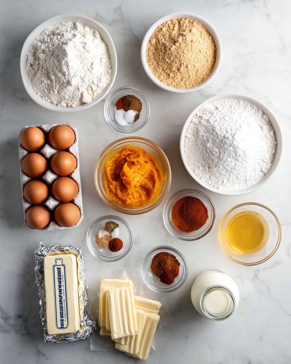 The image shows a white marbled surface with various baking ingredients neatly arranged in bowls and containers. In the top right, there is a large white bowl filled with fine white powdered sugar, next to another white bowl containing light brown flour. Below them, there is a smaller white bowl with granulated white sugar. In the center, a clear glass bowl holds bright orange pumpkin puree. Near the bottom left, three brown eggs sit in a white egg holder, surrounded by four sticks of butter wrapped in paper. Above the butter is a wrapped block of cream cheese in silver packaging. Small clear glass bowls contain various spices in brown, reddish, and yellow shades, placed near a small glass bowl with a golden liquid—likely vanilla extract. A small glass jar filled with milk is also present. The items are neatly spaced on the white marbled surface, showing clear textures and colors, photo taken with an iphone --ar 4:5 --v 7
