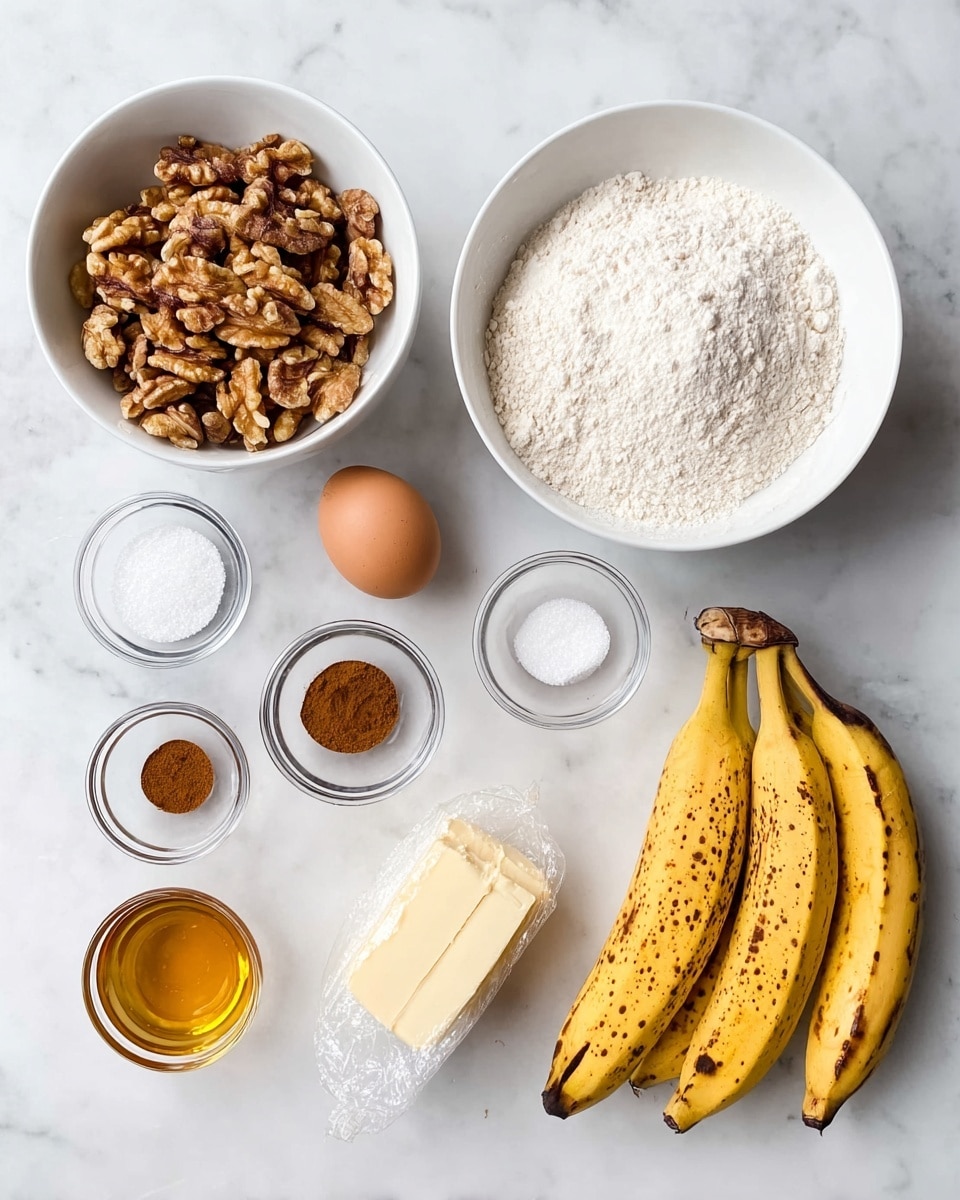 An overhead view shows an arrangement of baking ingredients placed on a white marbled surface. In the upper middle is a white bowl filled with white flour, to its right is a smaller white bowl with white sugar. To the left of the flour bowl is another white bowl filled with shelled walnuts. Below these bowls, from left to right, are four small glass bowls with brown cinnamon, white salt, white baking soda, and white baking powder. A single brown egg is placed near the middle, close to a small wrapped block of butter. At the bottom right are three ripe yellow bananas with many brown spots on their skins. Below the small bowls on the left is a small glass bowl of golden honey. photo taken with an iphone --ar 4:5 --v 7