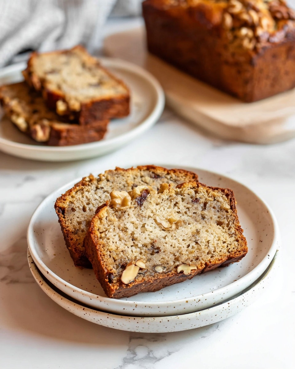 Two slices of nut bread with visible large walnut pieces and a golden brown crust rest on a white plate that is stacked on top of two other white plates with a speckled rim. In the background, the remaining loaf of bread shows a slightly cracked, textured golden-brown crust. The setting is on a white marbled surface. photo taken with an iphone --ar 4:5 --v 7