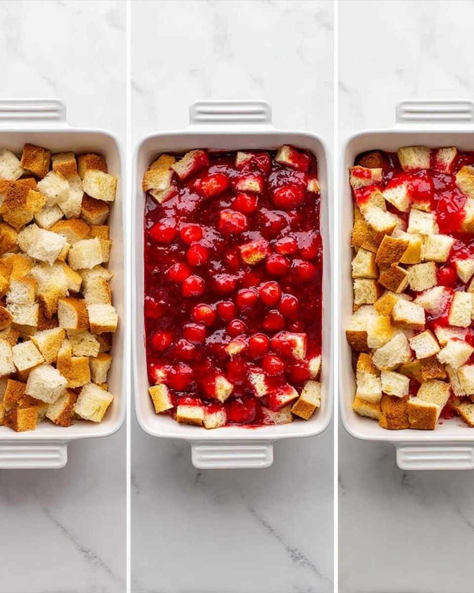 A three-part collage shows the steps of making a cherry bread dessert in a white rectangular baking dish on a white marbled surface. The first image shows the bottom layer of roughly cut golden and white bread cubes filling the dish evenly. The second image adds a thick layer of bright red cherry topping with visible whole cherries and syrup covering the bread. The third image shows another layer of golden and white bread cubes spread over the cherry layer, partially mixing with the red filling underneath. Photo taken with an iphone --ar 4:5 --v 7