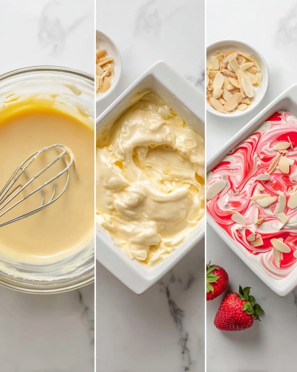 The image shows three stages of dessert preparation placed side by side on a white marbled surface. The first part has a clear glass bowl with a smooth, pale yellow mixture and a metal whisk resting inside it. The middle part shows a white square dish filled with a creamy, thick light-yellow batter with some uneven texture on the surface. The last part displays the same white dish now topped with swirled white and bright red cream, decorated with thinly sliced almond flakes scattered on top; a couple of strawberries and a small bowl of almond slices are visible near the dish. Photo taken with an iphone --ar 4:5 --v 7