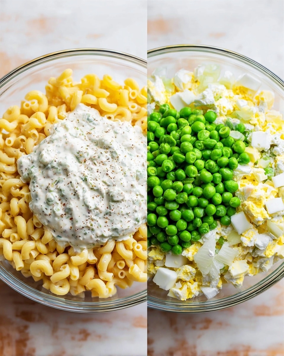 The image shows two glass bowls on a white marbled surface, each filled with layers of ingredients for a salad. The first bowl contains a base layer of cooked yellow elbow macaroni topped with a thick, creamy white dressing that has small bits and a light sprinkling of black pepper. The second bowl has the same base layers of macaroni and creamy dressing, then is added with finely chopped hard yellow and white egg pieces on one side, and a mound of bright green peas positioned prominently in the center, with some small diced white onion pieces visible near the eggs. Photo taken with an iphone --ar 4:5 --v 7