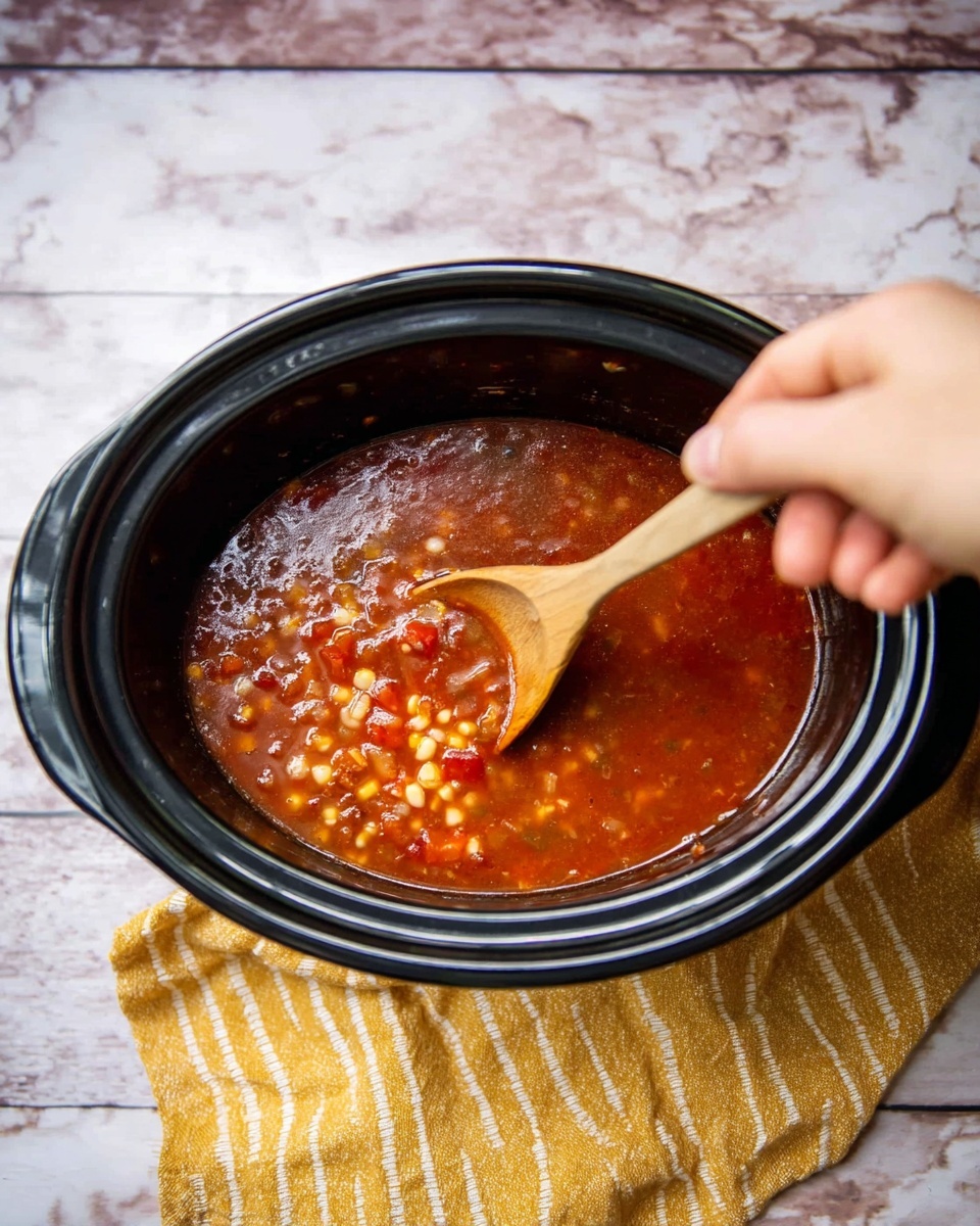A black slow cooker filled with a thick reddish-brown soup that has visible small chunks of white, yellow, and red ingredients, likely vegetables and meat, floating inside. A woman's hand is stirring the soup with a wooden spoon from the right side. Beneath the slow cooker is a yellow striped cloth, all placed on a white marbled surface that looks like a kitchen counter. The soup has a shiny surface reflecting light, giving it a fresh, warm look. photo taken with an iphone --ar 4:5 --v 7
