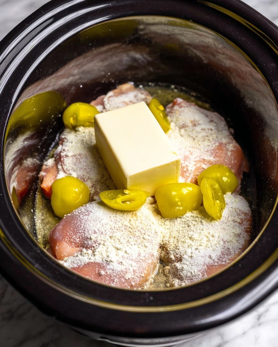 Inside a black slow cooker, there are three pieces of light pink raw chicken layered at the bottom, covered with a layer of white powdery seasoning. On top of the chicken and seasoning, there is a rectangular block of pale yellow butter placed in the center. Scattered around the butter and chicken are six bright yellow-green small peppers, adding color contrast. The image is taken on a white marbled surface. photo taken with an iphone --ar 4:5 --v 7