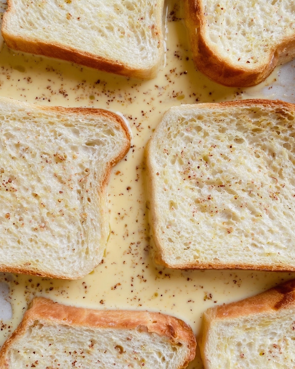 Several slices of white bread are soaked in a pale yellow, creamy mixture that has tiny specks of brown spices scattered throughout. The bread slices are arranged flat, closely placed next to each other, covering most of the visible area, with their textures soft and slightly porous. The creamy liquid surrounds the bread, filling the gaps between slices and has a smooth, shiny surface. The background beneath the bread and liquid is a white marbled texture. photo taken with an iphone --ar 4:5 --v 7