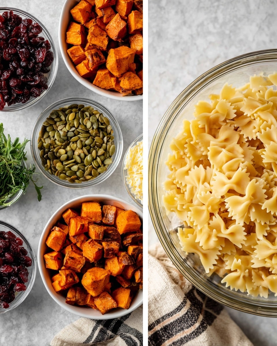 The image shows two separate shots: the left one displays several clear glass bowls filled with different ingredients arranged on a white marbled surface. There is a large clear bowl filled with uncooked bowtie pasta in the center. Surrounding it are smaller white bowls — one with roasted, cubed sweet potatoes with a slightly charred texture and orange color, one with pumpkin seeds that are green and smooth, one with dried cranberries that are dark red, and one with pale yellow cubed cheese. Fresh green herbs add a touch of freshness on the side. The right image shows a close-up of the same large clear glass bowl filled with uncooked yellow bowtie pasta sitting on a white marbled surface, partially covering a white cloth with a dark checkered pattern. photo taken with an iphone --ar 4:5 --v 7