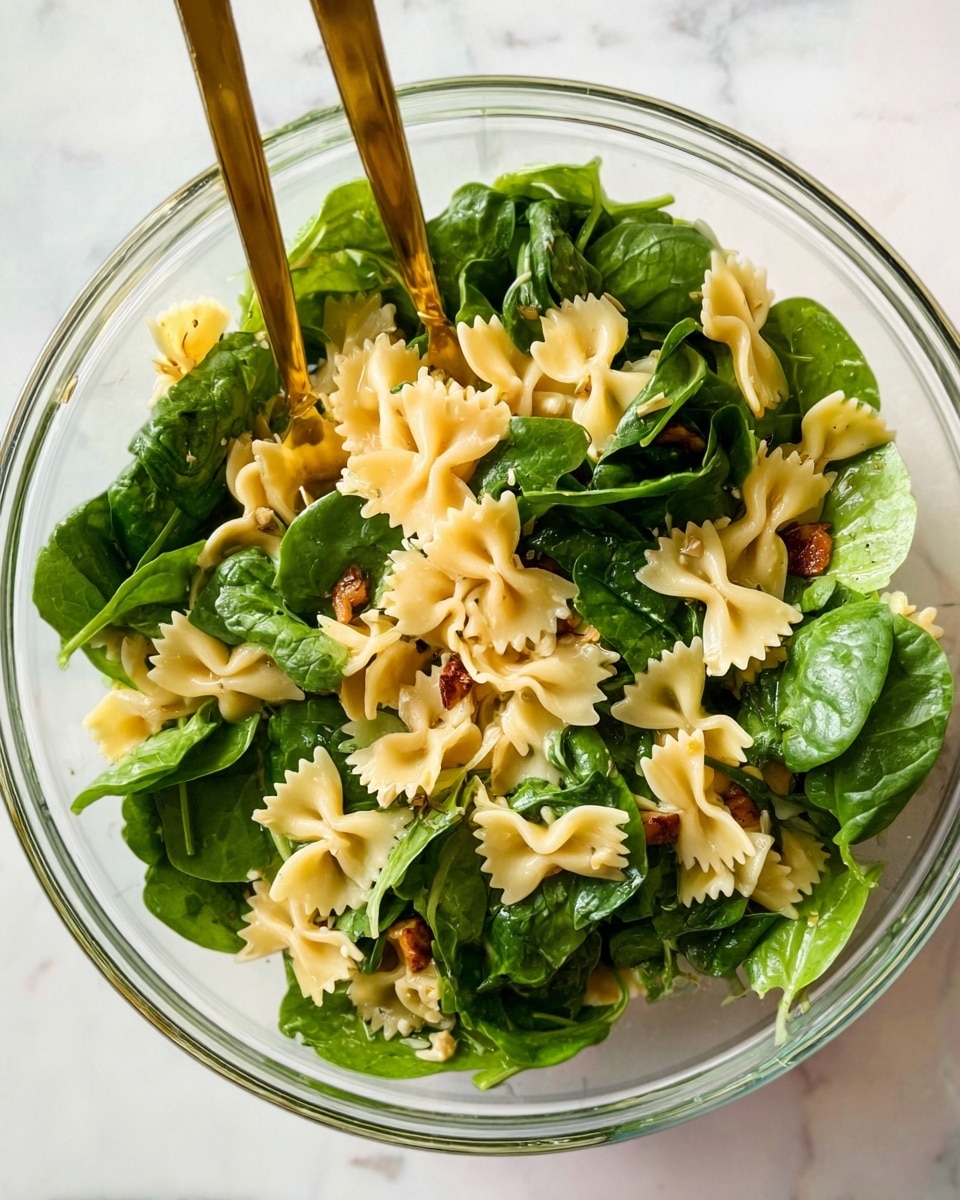 A clear glass bowl sits on a white marbled surface, filled with a fresh pasta salad. The bottom layer is light yellow bowtie pasta with a smooth texture, mixed evenly with bright green spinach leaves that have a slightly crinkled, fresh look. Small chunks of grilled light brown vegetables or protein are scattered throughout, adding a bit of color contrast and texture. Two gold-colored salad forks are placed inside the bowl on the left side, partly resting on the pasta and spinach. The overall look is fresh and colorful, showing a mix of soft pasta and leafy greens. photo taken with an iphone --ar 4:5 --v 7