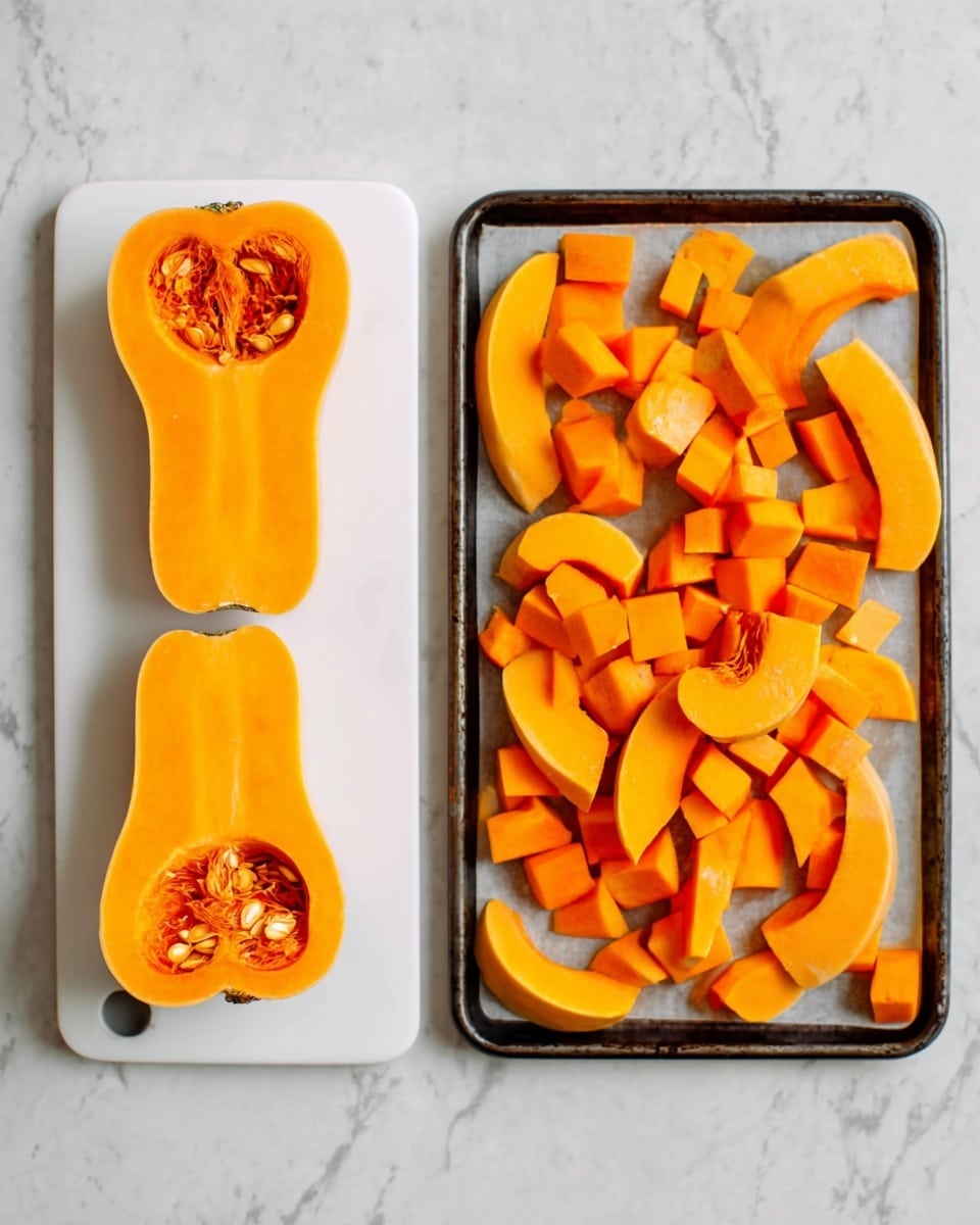 The image shows two scenes side by side on a white marbled surface. On the left, there is a white cutting board with two halves of a bright orange butternut squash placed vertically with their inner seed cavities clearly visible. On the right, a white baking tray holds many pieces of the same butternut squash, sliced into rings, wedges, and small cubes, spread out evenly across the tray, showing vibrant orange flesh and slightly darker edges. photo taken with an iphone --ar 4:5 --v 7