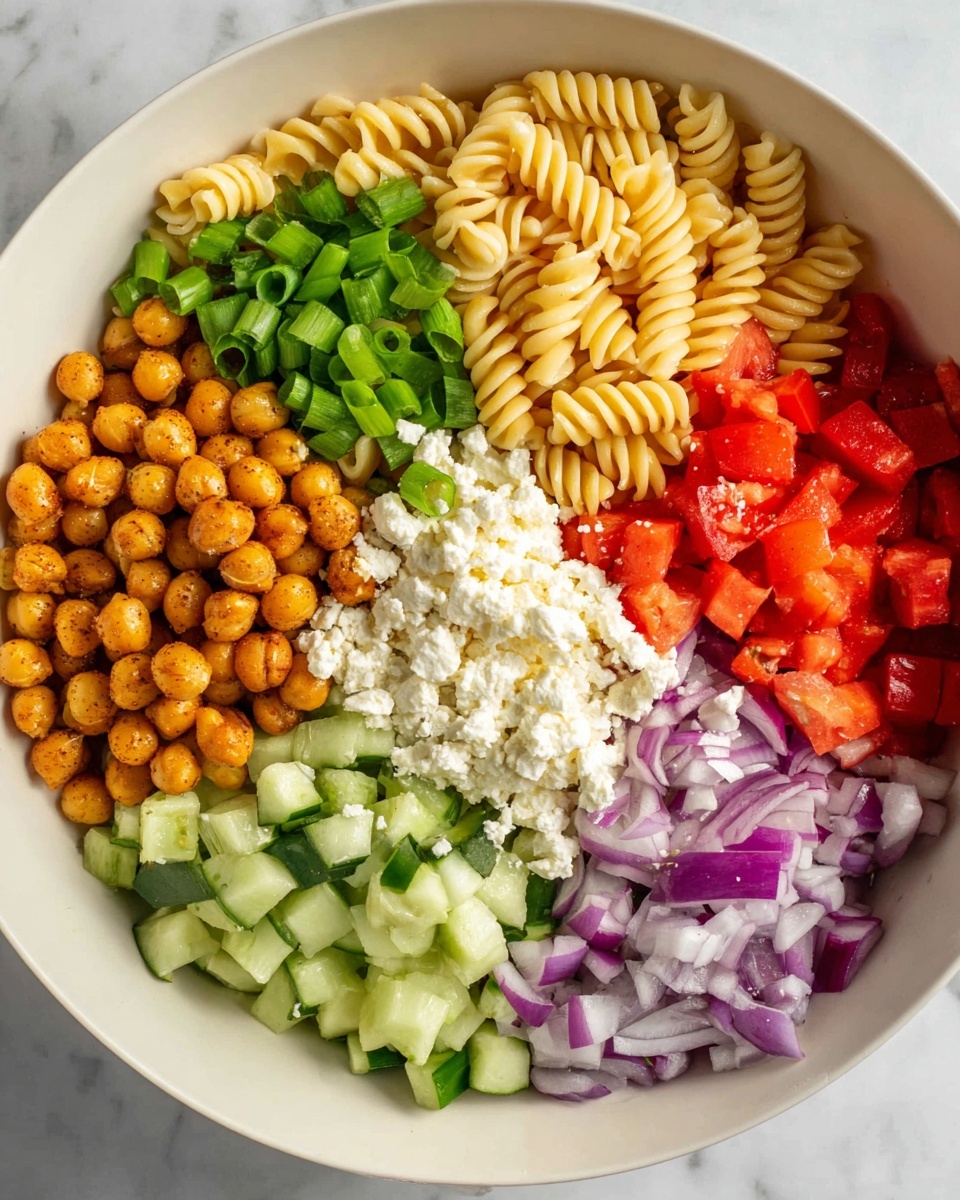 The image shows a white bowl filled with seven distinct layers of food arranged in sections. Starting from the top right and moving clockwise, there is a layer of pale yellow spiral pasta with a smooth texture. Next is a section of bright green chopped spring onions with a slightly glossy look. Below that is a heap of diced red bell pepper, shiny and fresh. Next to the pepper is a section of chopped light green cucumber with crisp edges. In the middle bottom of the bowl, there is a mound of crumbled white cheese with a soft, crumbly texture. To the left of the cheese is roasted chickpeas, golden brown with a slightly roasted and firm appearance. Finally, the last section on the bottom left is purple chopped red onion with a moist texture. The bowl sits on a white marbled surface. photo taken with an iphone --ar 4:5 --v 7