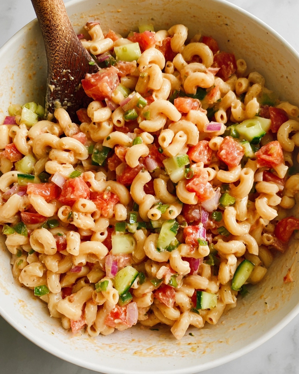 In a large white bowl filled with creamy elbow macaroni mixed with fresh chopped red tomatoes and diced green cucumbers, the pasta is coated lightly with a sauce that gives a slightly glossy appearance. Visible are chunks of red onion and pieces of green pepper scattered evenly among the pasta, giving a colorful mix of red, green, and creamy beige shades. A wooden spoon rests inside the bowl, partially visible on the left side, slightly stained with the sauce. The bowl sits on a white marbled surface that adds brightness to the scene. photo taken with an iphone --ar 4:5 --v 7
