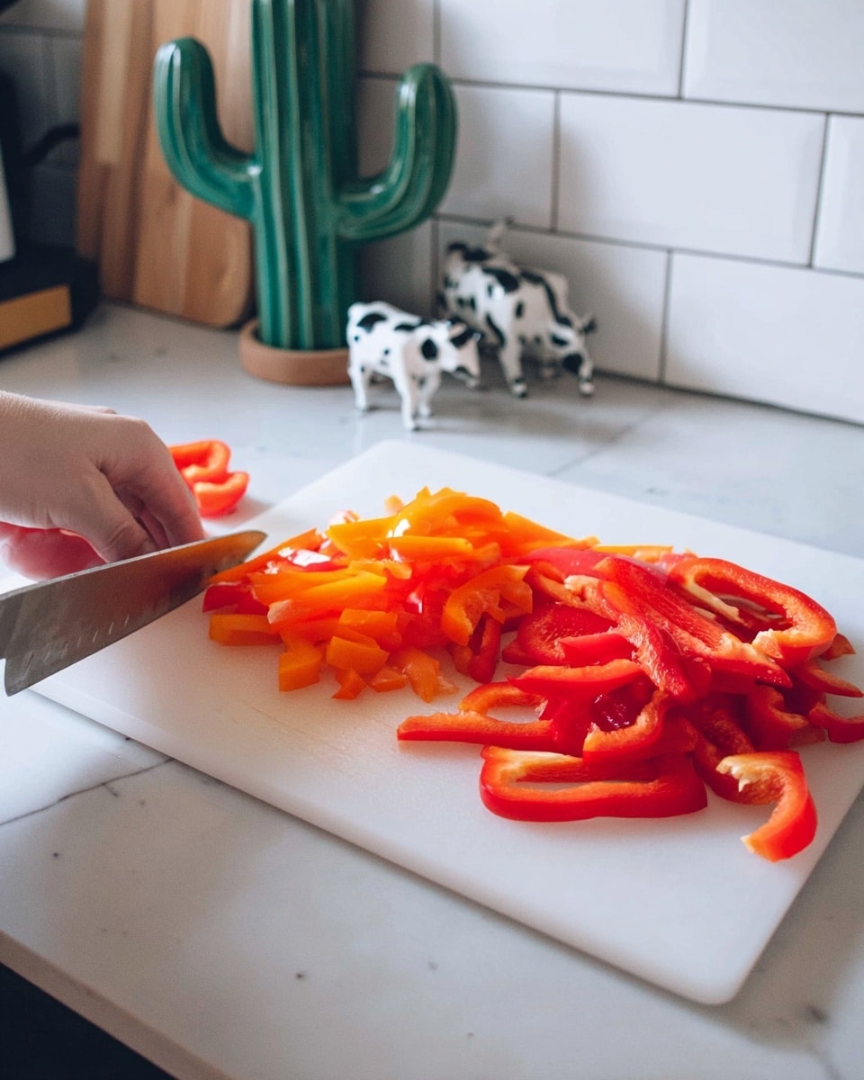 The image shows a white cutting board on a white marbled counter with red and orange bell pepper slices spread on it. The peppers are cut into thick strips, with some bell pepper pieces still whole or halved showing their seeds inside. A woman's blurred hand is holding a knife, cutting a red bell pepper piece. In the background, there are green decorative cacti and small black and white cow figurines on the white marbled surface near white tiled walls. Photo taken with an iphone --ar 4:5 --v 7