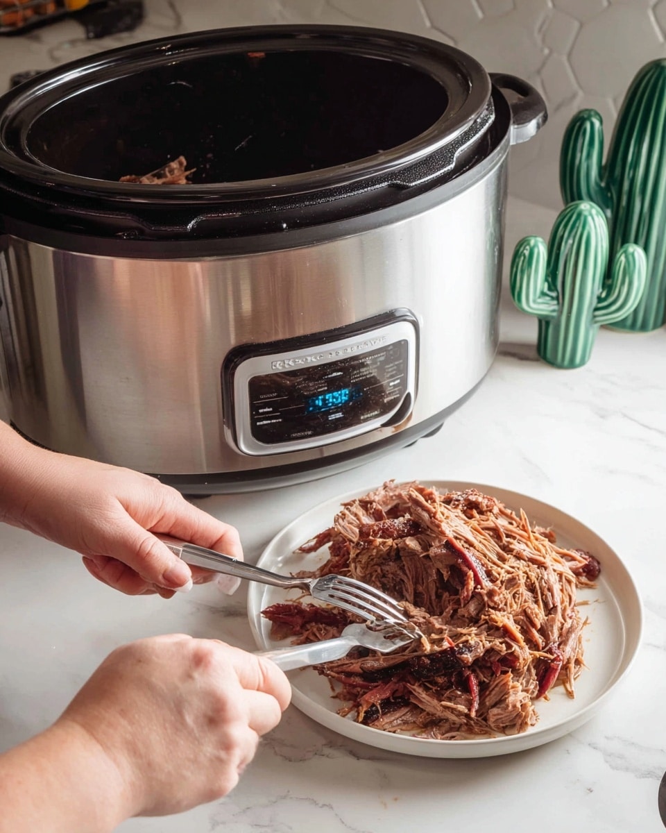 A woman’s hand is shredding a large piece of cooked meat on a white plate using two forks. The meat is brown with visible textures of pulled strands and some herbs on top. To the right, a silver and black crockpot with a digital display is partly filled with dark red sauce and cooked meat inside. The scene is set on a white marbled countertop with a white tiled wall background, and there are green cactus-shaped decorations behind the crockpot. Photo taken with an iphone --ar 4:5 --v 7
