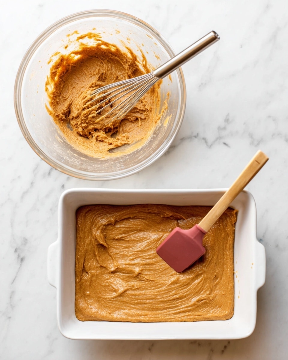 The image shows two parts of a cooking process on a white marbled surface. On the left, a clear glass bowl holds a smooth, thick light brown batter with some texture, and a silver whisk is partially dipped in it. On the right, a white rectangular baking dish is filled with the same light brown batter, which is spread evenly with a silicone spatula that has a dark pink head and a wooden handle resting inside the dish. Photo taken with an iphone --ar 4:5 --v 7