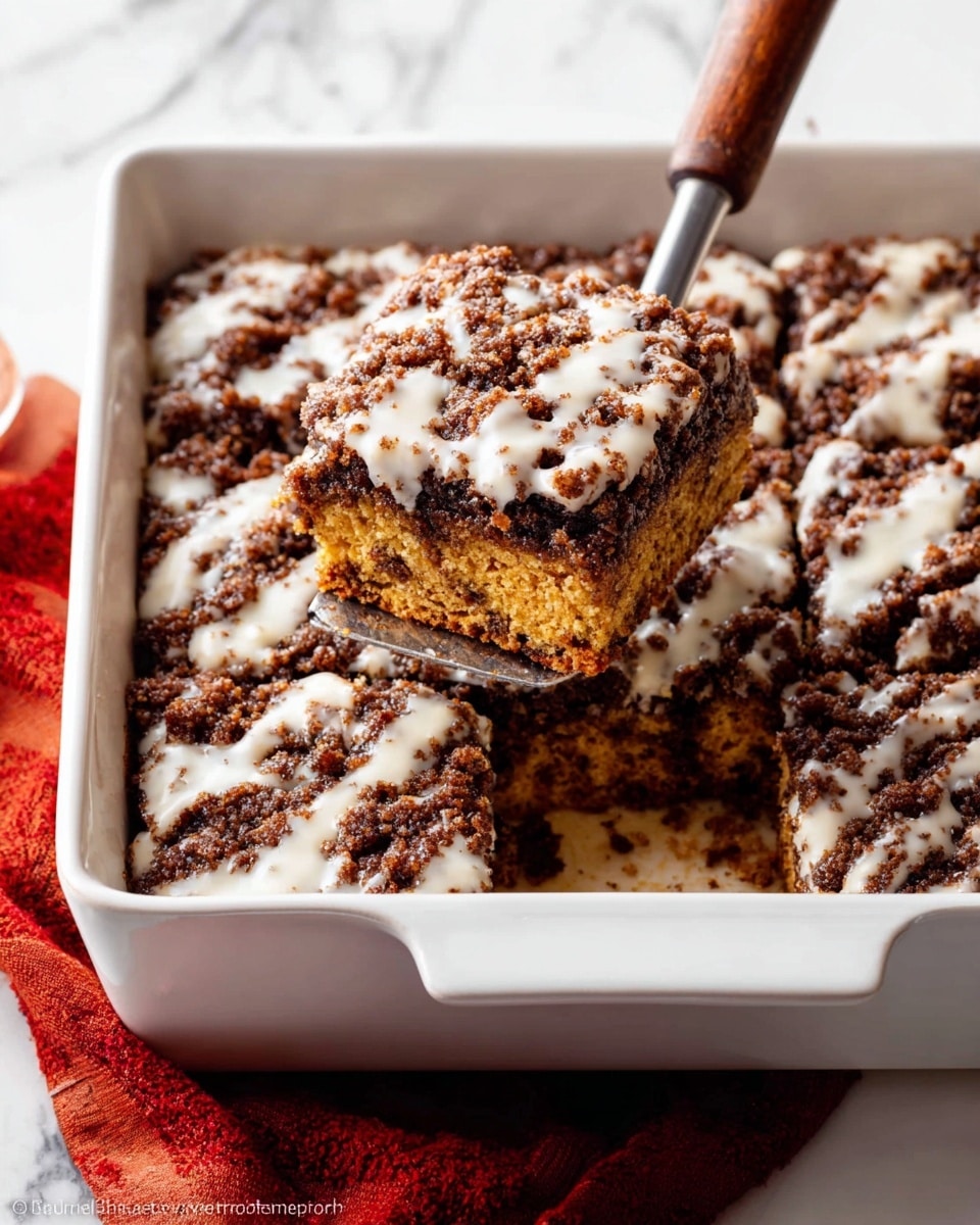 A white square baking dish holds a dessert with two visible layers: a bottom layer of moist, golden brown cake and a top layer of crumbly, dark brown streusel with an uneven texture. The streusel is drizzled with white icing that contrasts against the dark crumbs. A metal spatula with a wooden handle is lifting a square piece, showing the clear division between the crumb top and cake base. The dish sits on a white marbled surface with a red cloth partially visible at the bottom left corner. Photo taken with an iphone --ar 4:5 --v 7