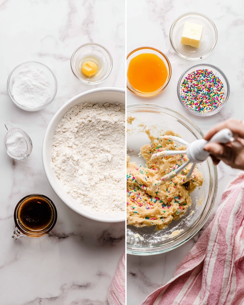 The first image shows a white bowl in the center filled with white flour on a white marbled surface. Around the bowl, there are small clear bowls with white sugar, golden butter, orange liquid (likely eggs), and mix of colorful circular sprinkles. A small glass container with dark brown liquid (likely vanilla) and a pink and white kitchen towel are placed nearby. The second image shows the same white bowl with thick cookie dough mixed with colorful sprinkles. A pair of beaters held by a woman's hand is mixing the dough inside the bowl. The background is the same white marbled surface with a corner of the pink and white towel visible. photo taken with an iphone --ar 4:5 --v 7