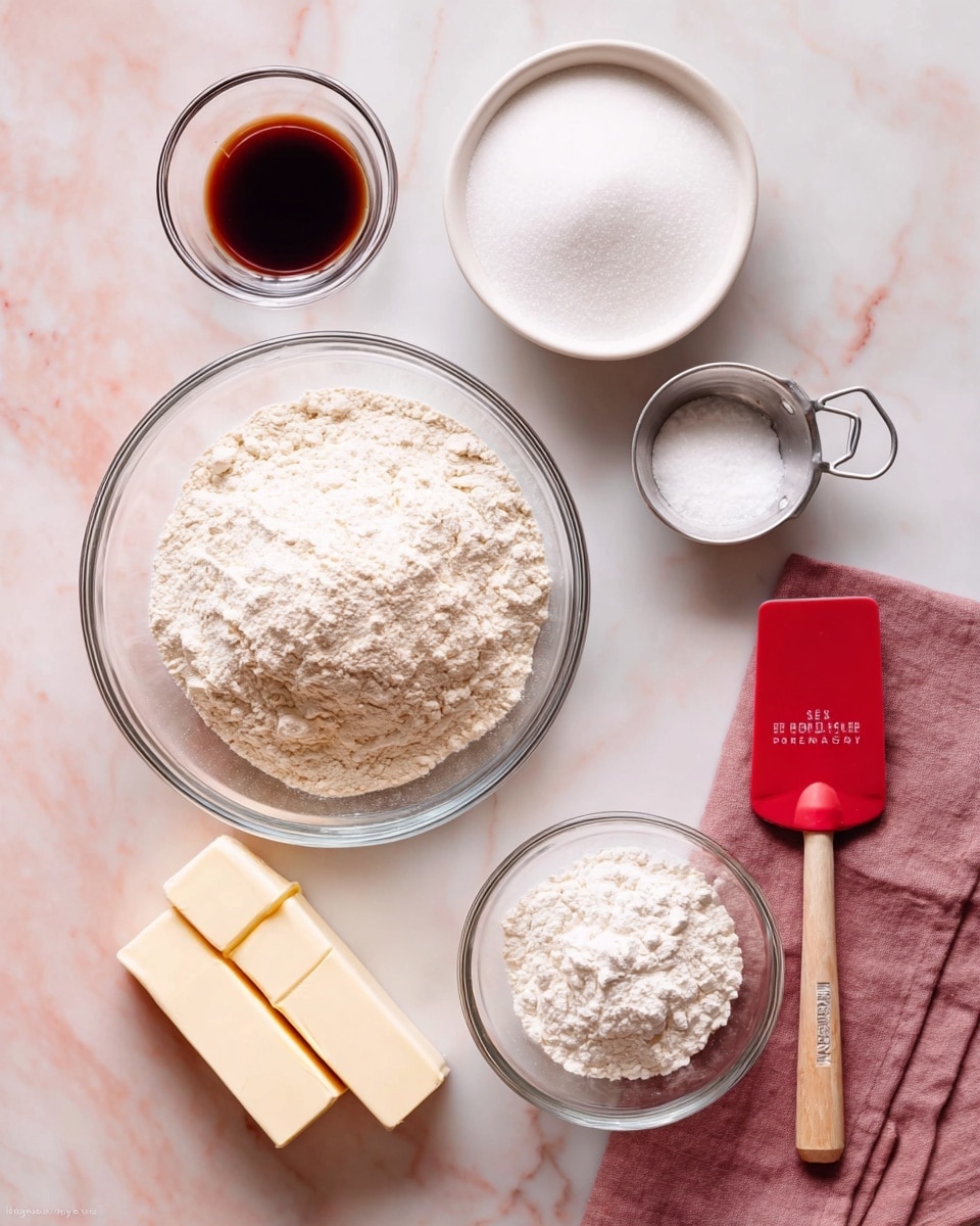 The image shows baking ingredients neatly arranged on a white marbled surface. At the center is a large clear glass bowl filled with a mound of pale flour. To its right, a smaller clear bowl holds more white flour or powdered substance. Above these two bowls, there is a white bowl full of white sugar, and beside it to the left, a small clear bowl contains a dark brown liquid, likely vanilla extract. A small silver metal cup with white salt is placed above and to the left of the large flour bowl. At the bottom left of the frame, two sticks of unsalted butter wrapped in yellow paper rest side by side. On the bottom right, a red spatula with a wooden handle lies on a soft mauve cloth. The photo taken with an iphone --ar 4:5 --v 7