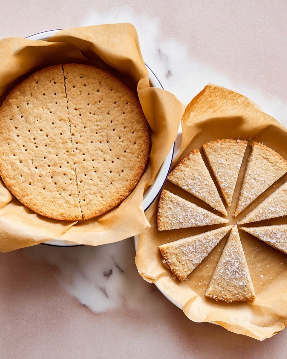 The image shows two parts: on the left, a single round baked crust in a white pan lined with light brown parchment paper, with a golden brown color and small holes spread evenly across the surface; on the right, a round flat shortbread cookie cut into eight wedges, placed on light brown parchment paper, with a lightly textured surface sprinkled with sugar, one wedge slightly pulled away from the circle; both parts rest on a white marbled surface. photo taken with an iphone --ar 4:5 --v 7