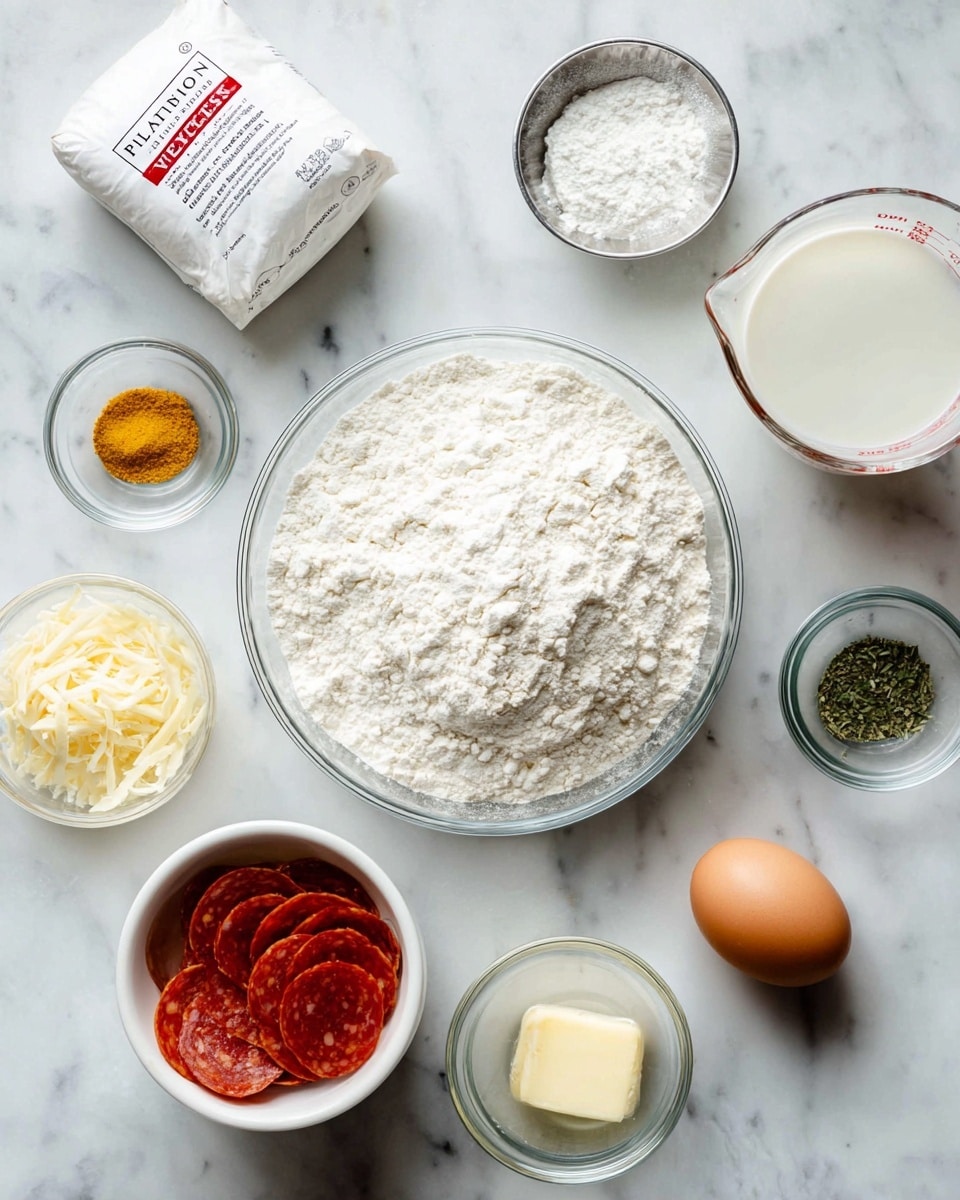 A top-down view shows a white marbled surface with scattered baking ingredients for a recipe. In the center is a large clear glass bowl filled with white flour. Above it, slightly to the left, is a white packet of platinum baking yeast and a small silver bowl with a white powder. To the top right, there is a clear measuring cup with a milky white liquid inside. Around the flour, there are small clear glass bowls with different spices, one containing yellow powder and another filled with green herbs. At the bottom left, a white cup holds sliced red pepperoni and shredded pale yellow cheese. To the bottom right, there is a single whole brown egg and a small glass bowl with melted butter. The composition is clean, organized, with a balanced color palette focused on white, red, and earthy tones photo taken with an iphone --ar 4:5 --v 7