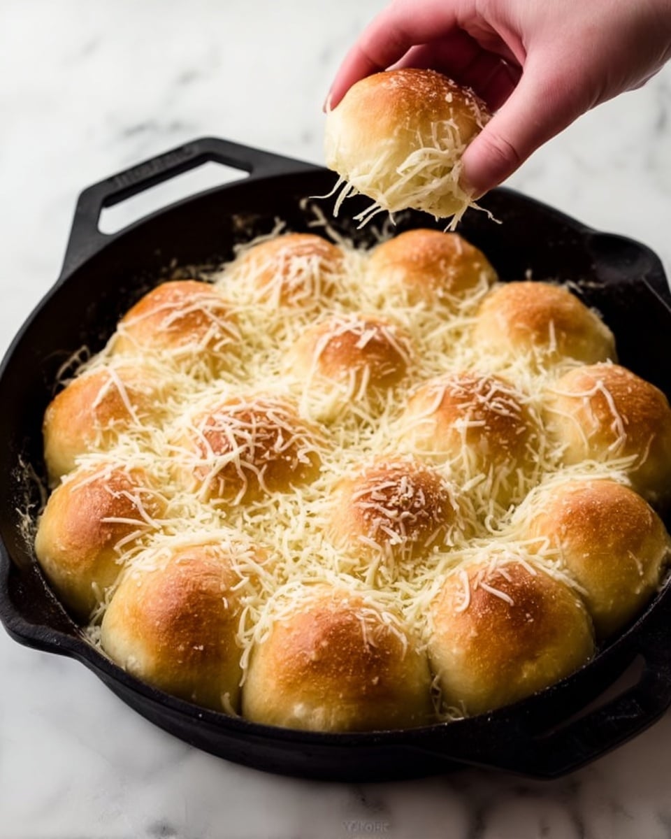 A black cast iron skillet filled with about fifteen round, golden-brown bread rolls, each slightly touching the next, forming a tight cluster. The rolls are soft and shiny on top with a light crust. Shredded white cheese is scattered generously over the rolls, some melting slightly. A woman's hand is pulling one roll gently upwards from the cluster. The skillet is placed on a white marbled surface. photo taken with an iphone --ar 4:5 --v 7