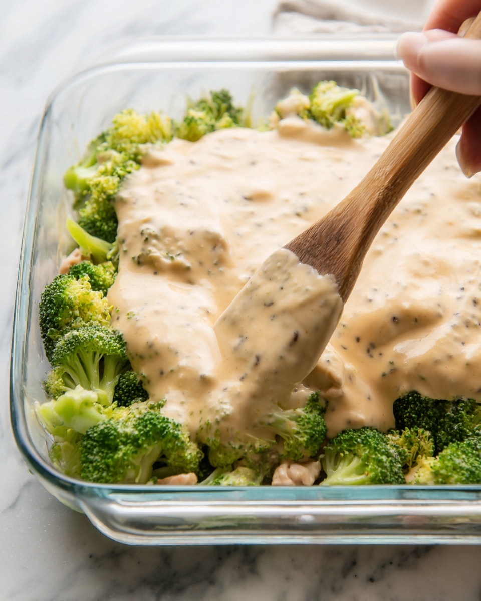 The image shows a clear rectangular glass dish on a white marbled surface, filled with bright green broccoli and light-colored chicken pieces at the bottom. A thick, creamy, light beige sauce with small dark specks is being spread smoothly over the broccoli and chicken layers by a wooden spatula held by a woman's hand coming from the right side of the frame. The sauce looks rich and smooth, covering the top fully but not flowing over the edges. Photo taken with an iphone --ar 4:5 --v 7