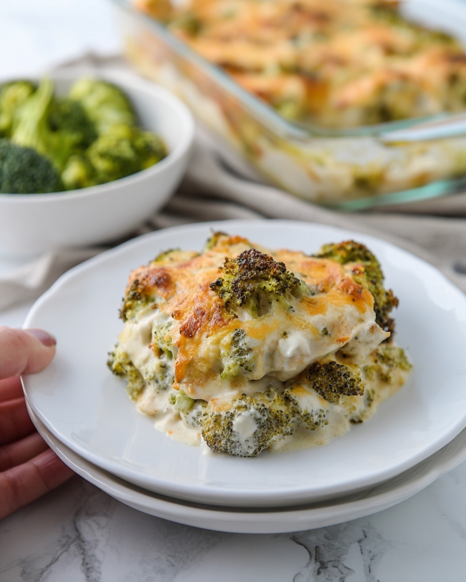 The image shows a white plate stacked with two layers, the top layer is a creamy mix of green broccoli pieces and white sauce with some golden-brown baked cheese spots on top. The broccoli is chunky and mixed well with the sauce, which looks smooth and slightly thick. The bottom layer is another white plate that holds the top plate, both placed on a white marbled surface. In the background, there is a clear glass baking dish filled with more of this cheesy broccoli mixture, and a white bowl with steamed green broccoli. A woman's hand is gently holding the edge of the plate stack. photo taken with an iphone --ar 4:5 --v 7