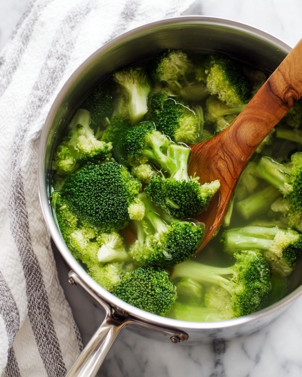 Inside a shiny silver pot, vibrant green broccoli florets float in clear water. The broccoli pieces vary in size and show a rough, bumpy texture on their tops with smooth, thick stems beneath. A wooden spoon with a warm brown color is partially submerged among the broccoli, adding a natural contrast to the green vegetables. The pot sits on a white marbled surface partially covered with a white and gray striped cloth, giving a cozy kitchen feel. Photo taken with an iphone --ar 4:5 --v 7