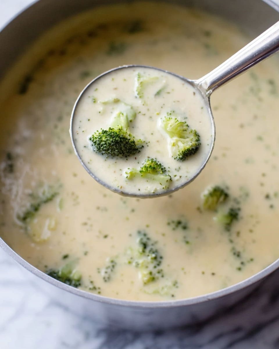 A ladle filled with creamy, light beige soup containing small, bright green broccoli pieces, lifted above a pot of the same soup showing more broccoli floating in the smooth, thick liquid, with a subtle speckled texture from herbs or seasoning. The pot sits on a white marbled surface. Photo taken with an iphone --ar 4:5 --v 7