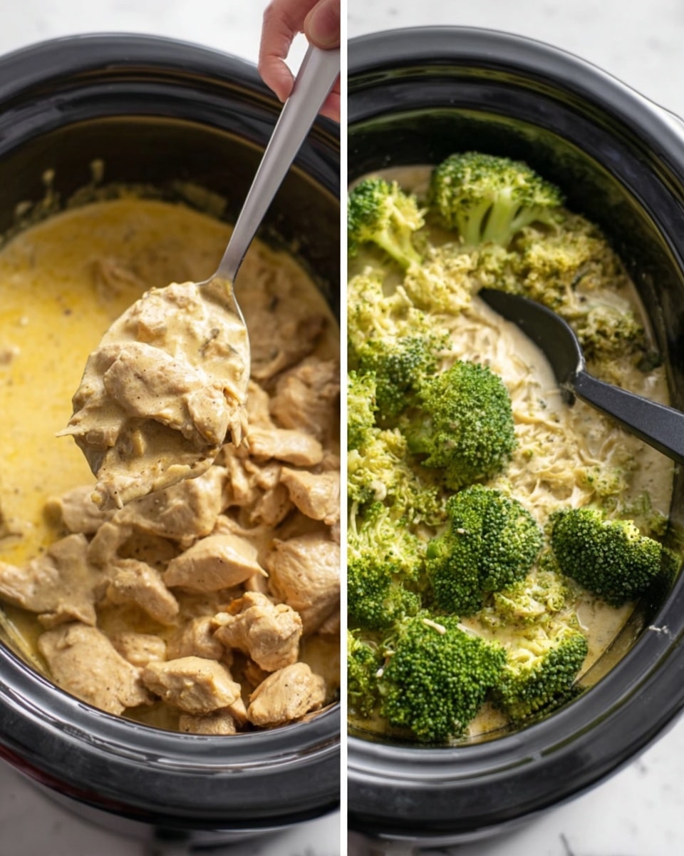 The image shows two close-up views side by side of a slow cooker with food inside, set on a white marbled surface. The left side shows light brown pieces of cooked chicken inside a thick, creamy yellow sauce filling the bottom layer of the cooker, and a woman's hand holding a metal spoon lifting a scoop of the creamy sauce above the chicken. The right side shows a thick layer of bright green cooked broccoli florets placed on top of the creamy chicken mixture inside the slow cooker, with a dark spoon resting in the food. Photo taken with an iphone --ar 4:5 --v 7