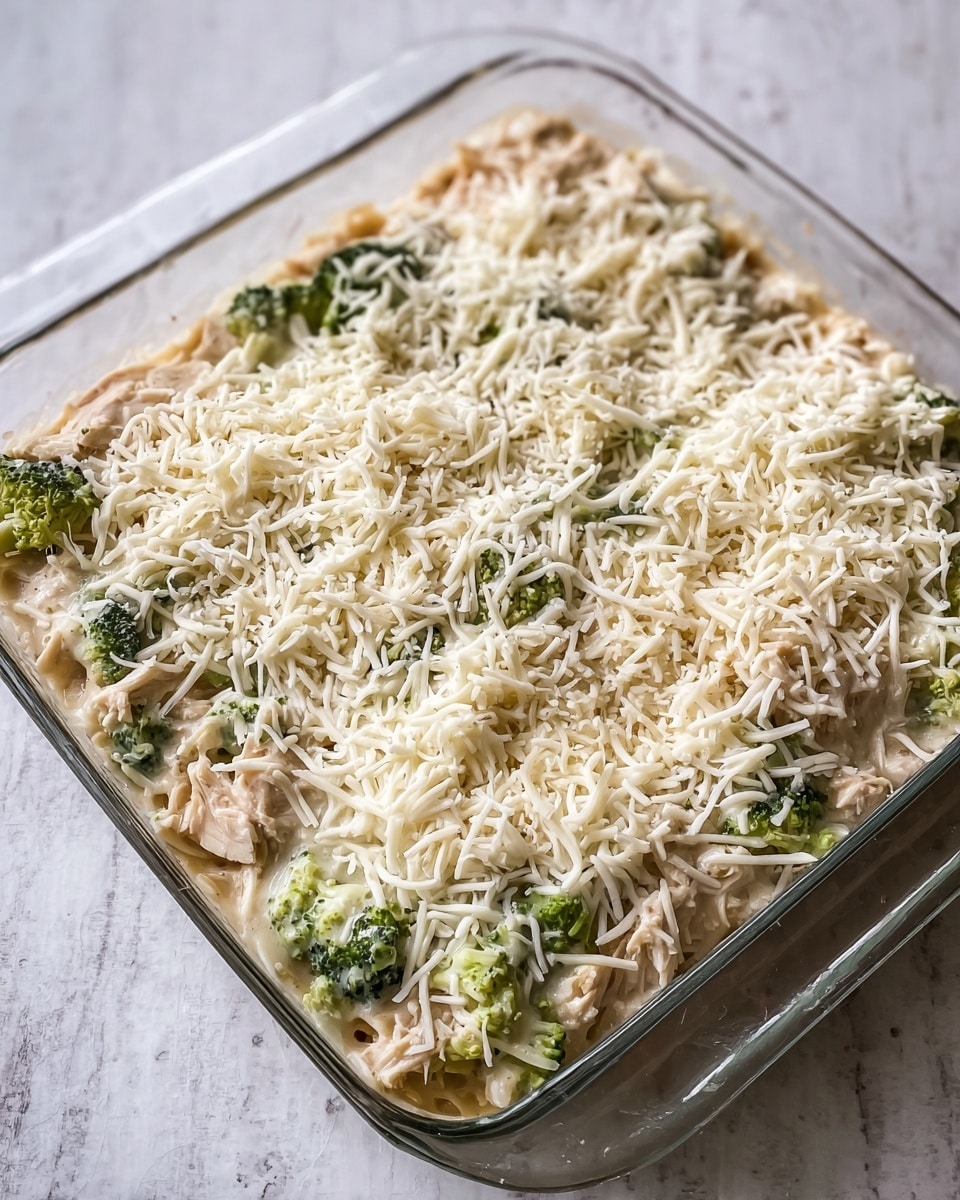 The image shows a clear glass baking dish filled with a casserole. The bottom layer consists of shredded light brown chicken mixed with small broccoli florets scattered throughout. On top of this is a generous layer of white shredded cheese spread unevenly but largely covering the casserole. The casserole looks creamy with visible sauce pooling around the edges. The dish rests on a white marbled textured surface. photo taken with an iphone --ar 4:5 --v 7