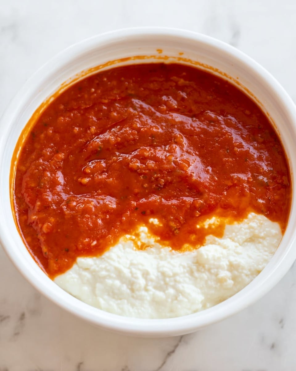 In a white bowl, there is a two-layer dish with the bottom layer being white and creamy with a slightly lumpy texture, and the top layer being thick, bright red-orange sauce that covers most of the creamy base. The sauce has a dense, textured surface showing bits of ingredients within. The bowl is placed on a white marbled surface. photo taken with an iphone --ar 4:5 --v 7