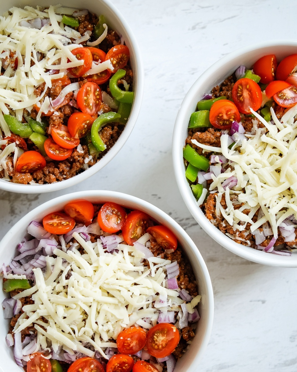 Three white bowls are arranged on a white marbled surface, each filled with a layered dish. The bottom layer is ground meat with a brown, crumbly texture. On top, there are small pieces of green bell pepper and diced red onion, adding a fresh color contrast. Cherry tomato slices are scattered evenly across each bowl, showing a bright red and smooth texture. The final layer is shredded white cheese spread loosely over the vegetables and meat. The bowls are filled to the top, creating a colorful and textured meal in each. Photo taken with an iphone --ar 4:5 --v 7