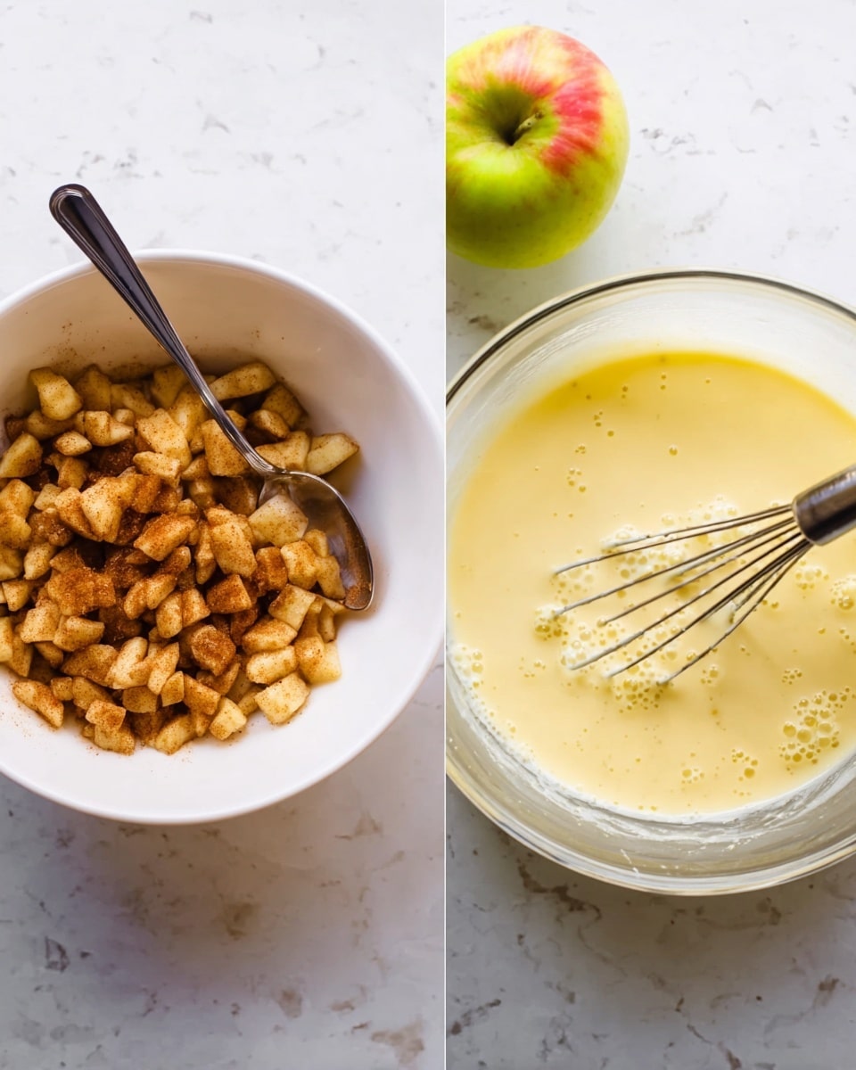 The image shows two white bowls on a white marbled surface. The bowl on the left contains small, light brown, cubed pieces of apple mixed with a cinnamon spice that covers each piece, giving a textured and slightly rough look. The apple pieces are piled loosely in the bowl, with a silver spoon resting inside. Above the bowl, a single light green apple with a red blush sits on the surface. The bowl on the right contains a smooth, pale yellow batter with a whisk partially dipped in it. The batter fills part of the bowl and looks creamy with a few small bubbles on the top, showing it has been mixed well. The handheld whisk's wires are shiny and thin. Photo taken with an iphone --ar 4:5 --v 7